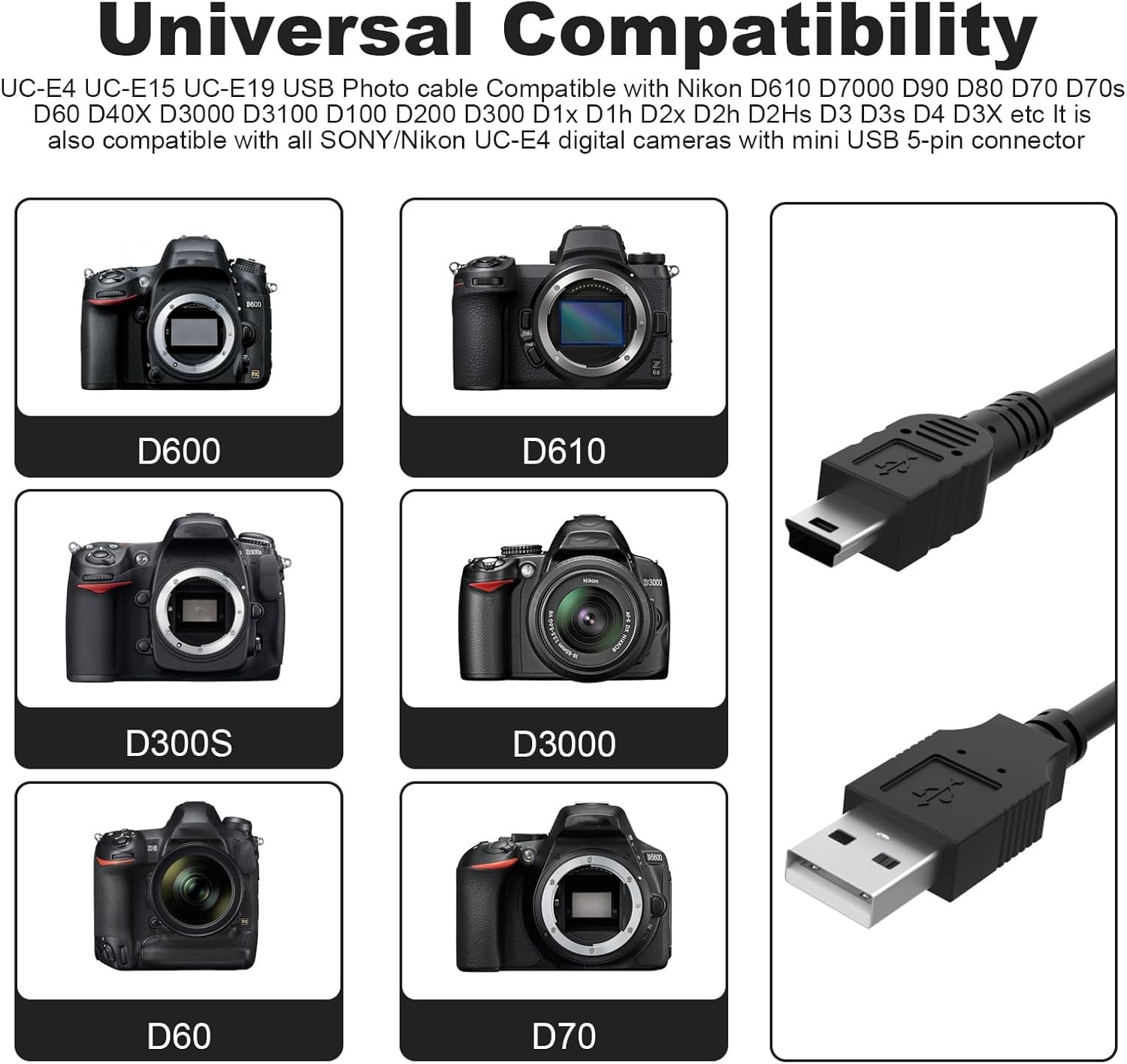 Toxaoii UC-E4 kabel do transmisji danych kompatybilny z Nikon D610 D7000 D90 D80 D70s D70 D60 D40X D3000 D3100 D100 D200 D300 D1x D1h D2x D2h D2Hs D3 D4 D4 D3X (1M)