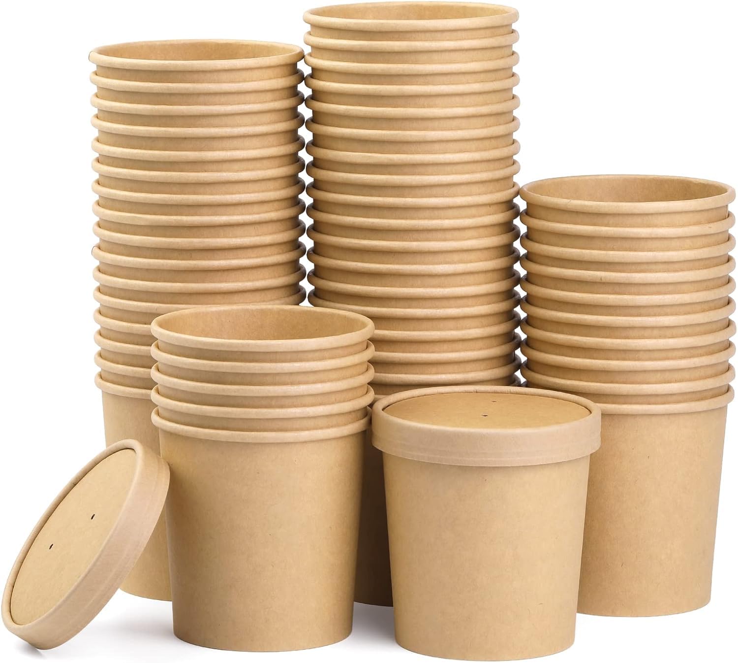 ECONX Disposable Soup Containers with Lids Paper Bowl Brown Kraft Takeaway Paper Soup Cups Takeaway Tubs for Hot or Cold Food Ice Cream, Dessert, Sundae, Frozen Yogurt, Deli Containers (50, 16oz)
