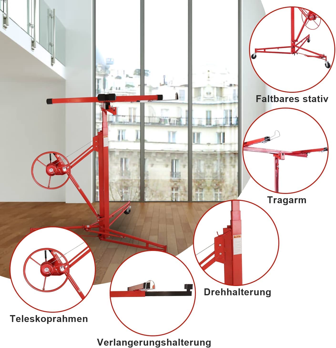 Plattenheber klappbar XXL 140-350cm Arbeitshöhe höhenverstellbar für Rigipsplatten 68 kg Traglast, max 290cm Lastarmbreite