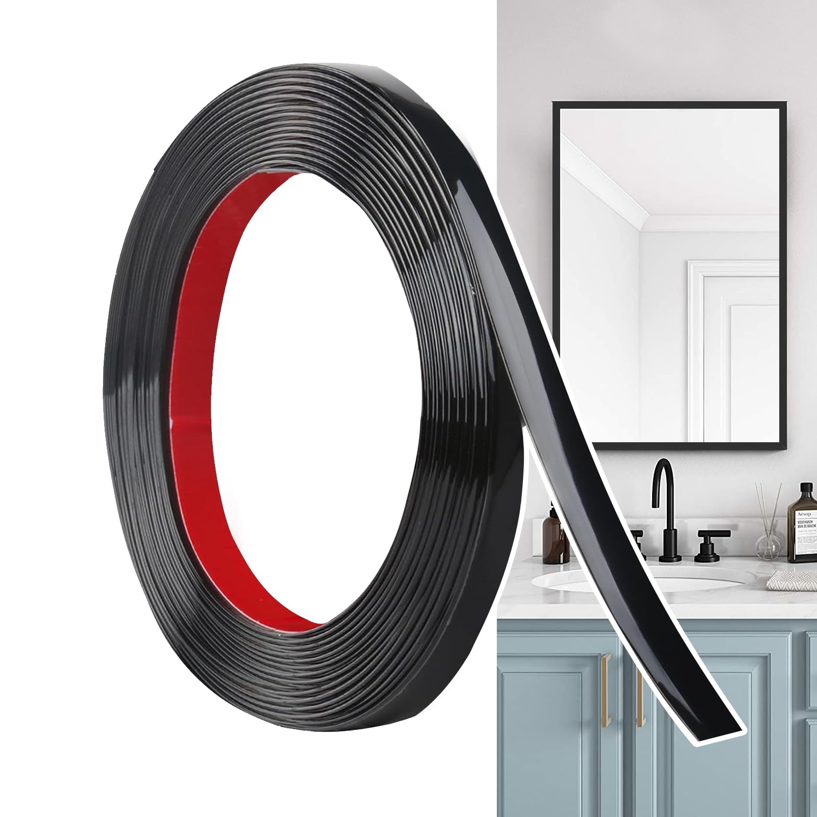 Hengrongshen Self Adhesive Moulding Trim Matte Black (12M x 1cm) Flexible PVC Peel and Stick Wall Trim Decorative Edge Strip for Wall, Tile, Mirror, Window, Cabinet, Bathroom, DIY Trim — image 1