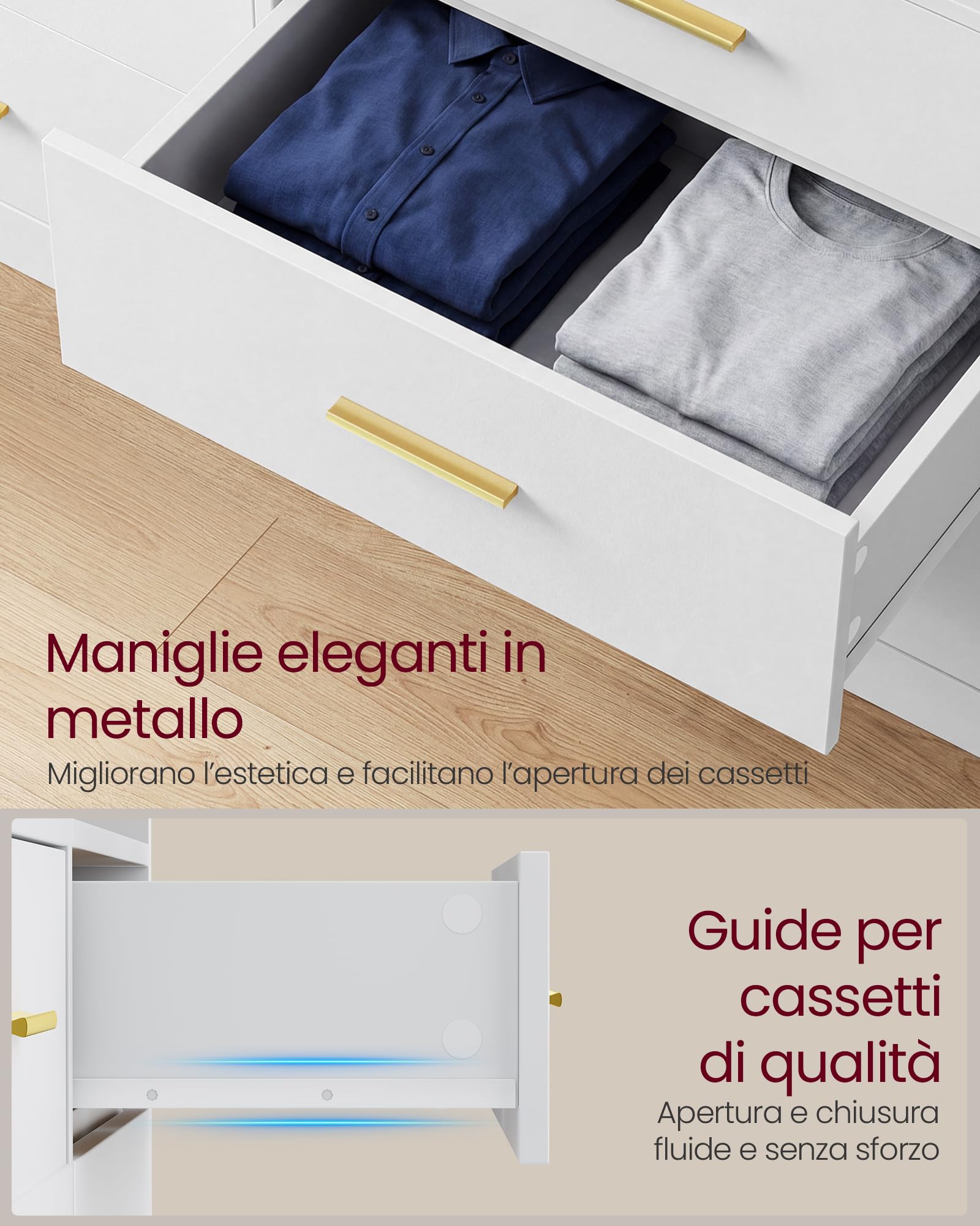 VASAGLE CUSTOS Collezione - Cassettiera Camera da Letto, con LED e Presa Multipla, Moderno, Mobile TV per Soggiorno, 6 Cassetti, 40 x 119 x 81,2 cm, Bianco Nuvola LTS316WB01