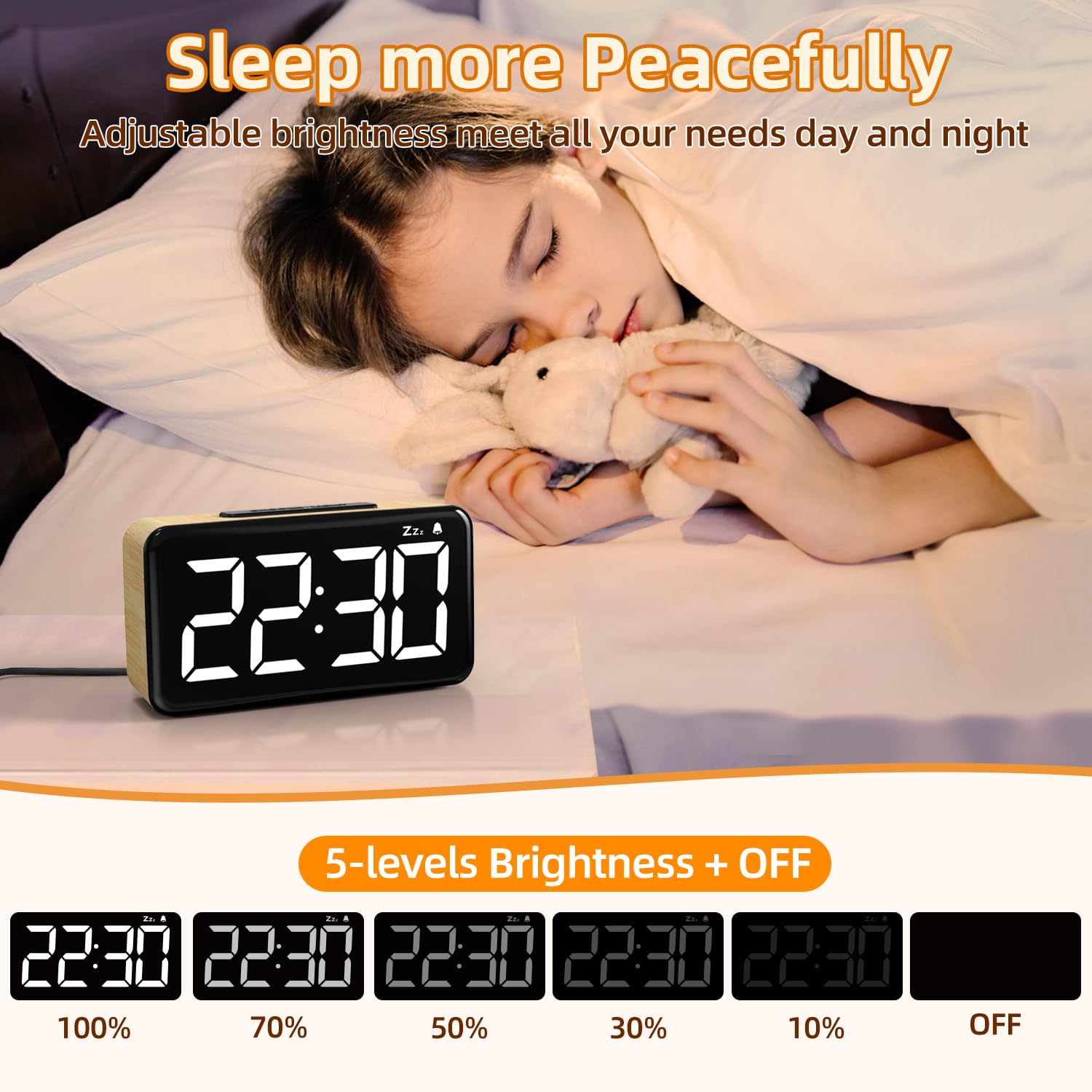NOKLEAD Réveil numérique pour Chambre à Coucher : Grand écran LED de 15 cm, Fonction Snooze de 9 Minutes, 2 Niveaux de Volume, 5 Niveaux de luminosité, 12/24 Heures (Light Wood Grain)