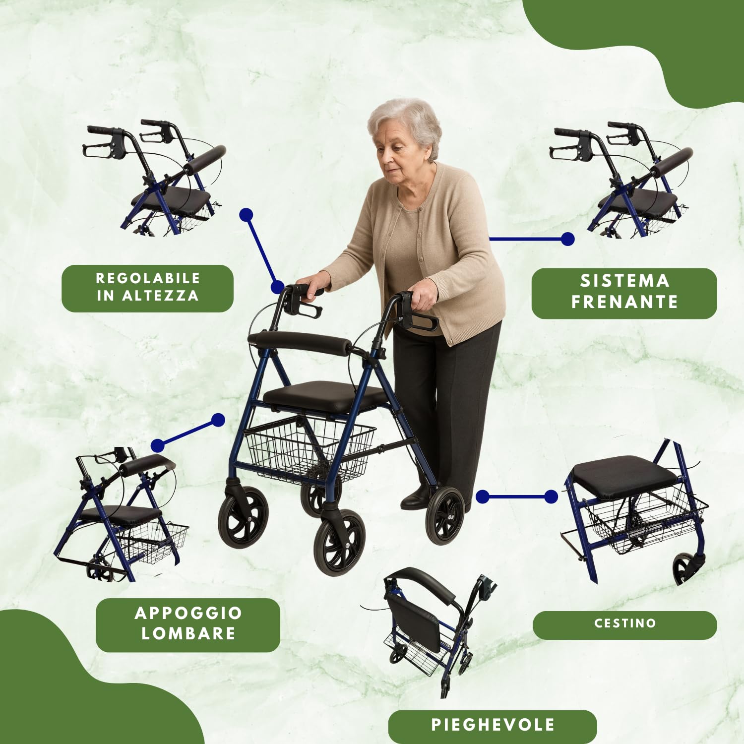 TERMIGEA RO10 - Deambulatore per Anziani con Seduta Pieghevole, Carrello per Anziani per Camminare in Acciaio (Portata 130KG) Sedile e Schienale Imbottito, Freni di Stazionamento, Altezza Regolabile