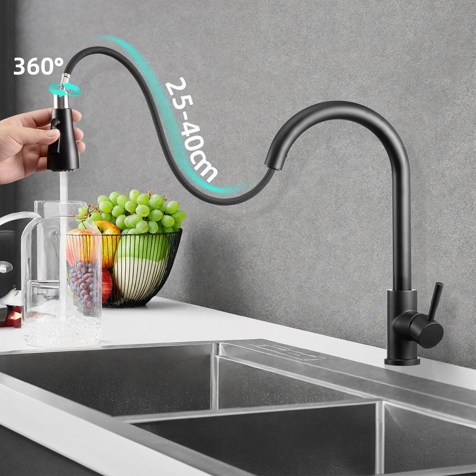 Rubinetto Cucina Bianco Avorio Con Doccetta Estraibile - 3 Modalità, Girevole 360° - Foto 8