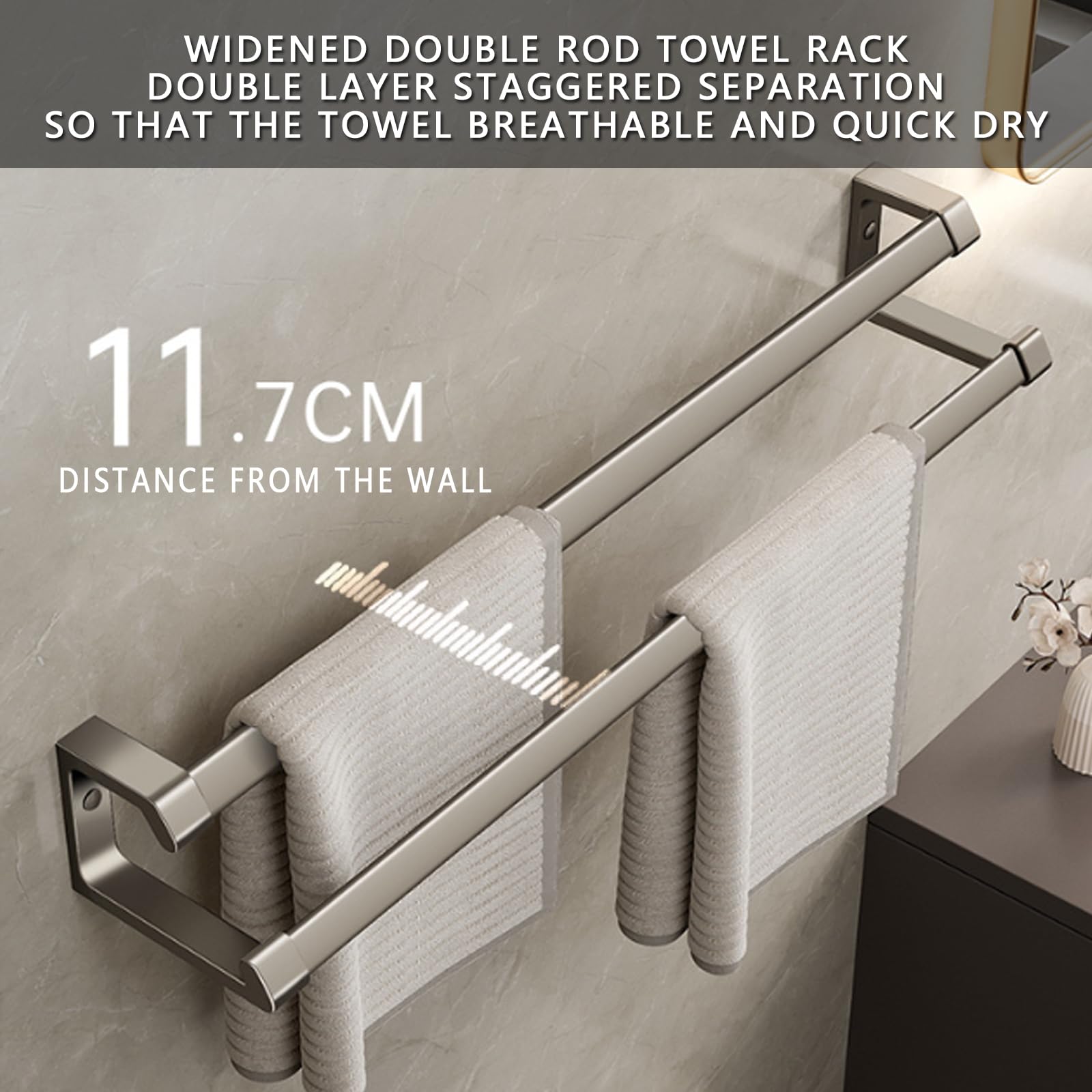 Toallero doble autoadhesivo montado en la pared, sin taladrar, de aluminio, para baño, cocina y dormitorio, 30 cm, diseño de ahorro de espacio