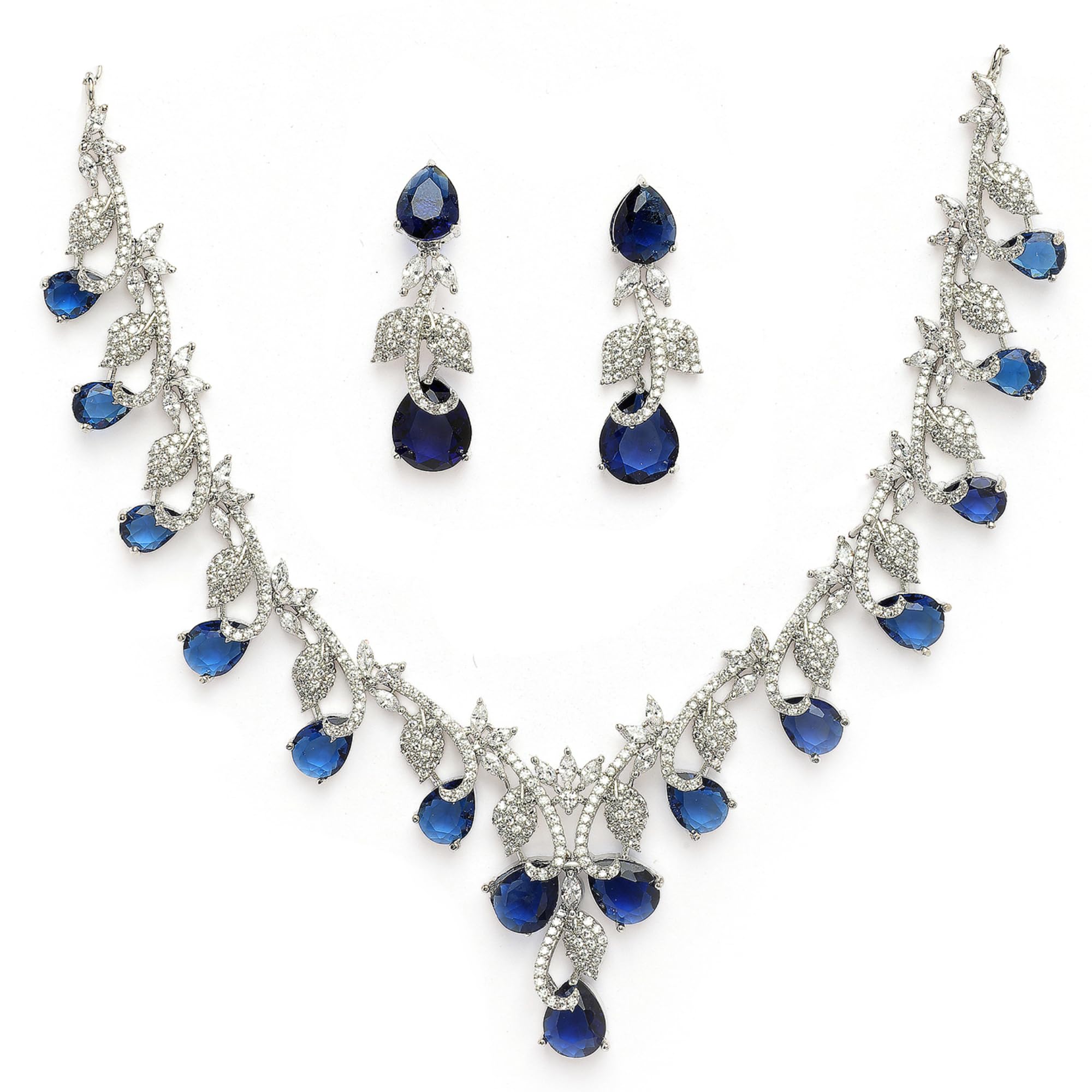 Rhodium Plated Silver Toned Leaf Teardrop Shaped American Diamond Studded Necklace With Earrings Jewellery Set For Women & Girls-image-34