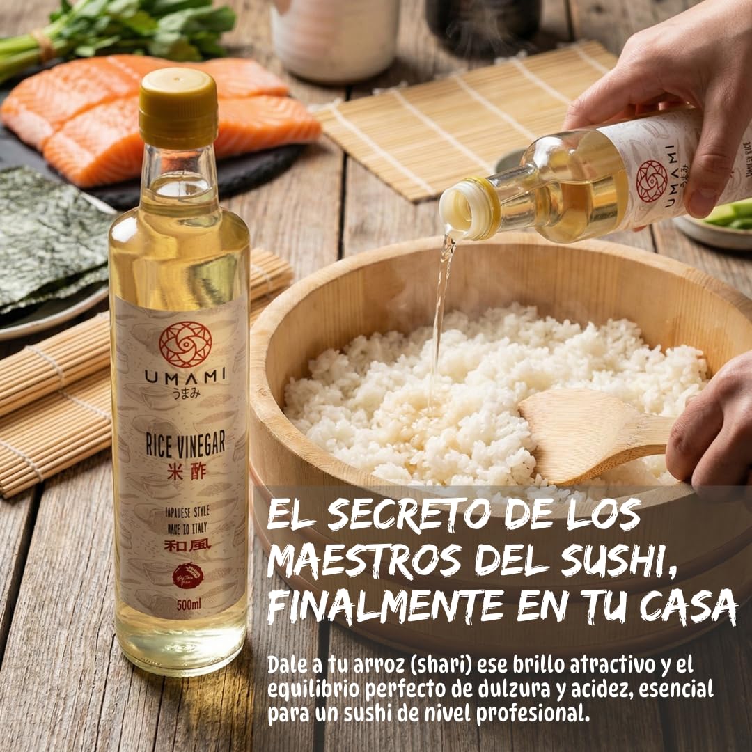 Umami Vinagre de Arroz para Sushi 500ml - Receta Auténtica Japonesa - Producido en Italia - Ideal para Arroz, Ensaladas y Marinados