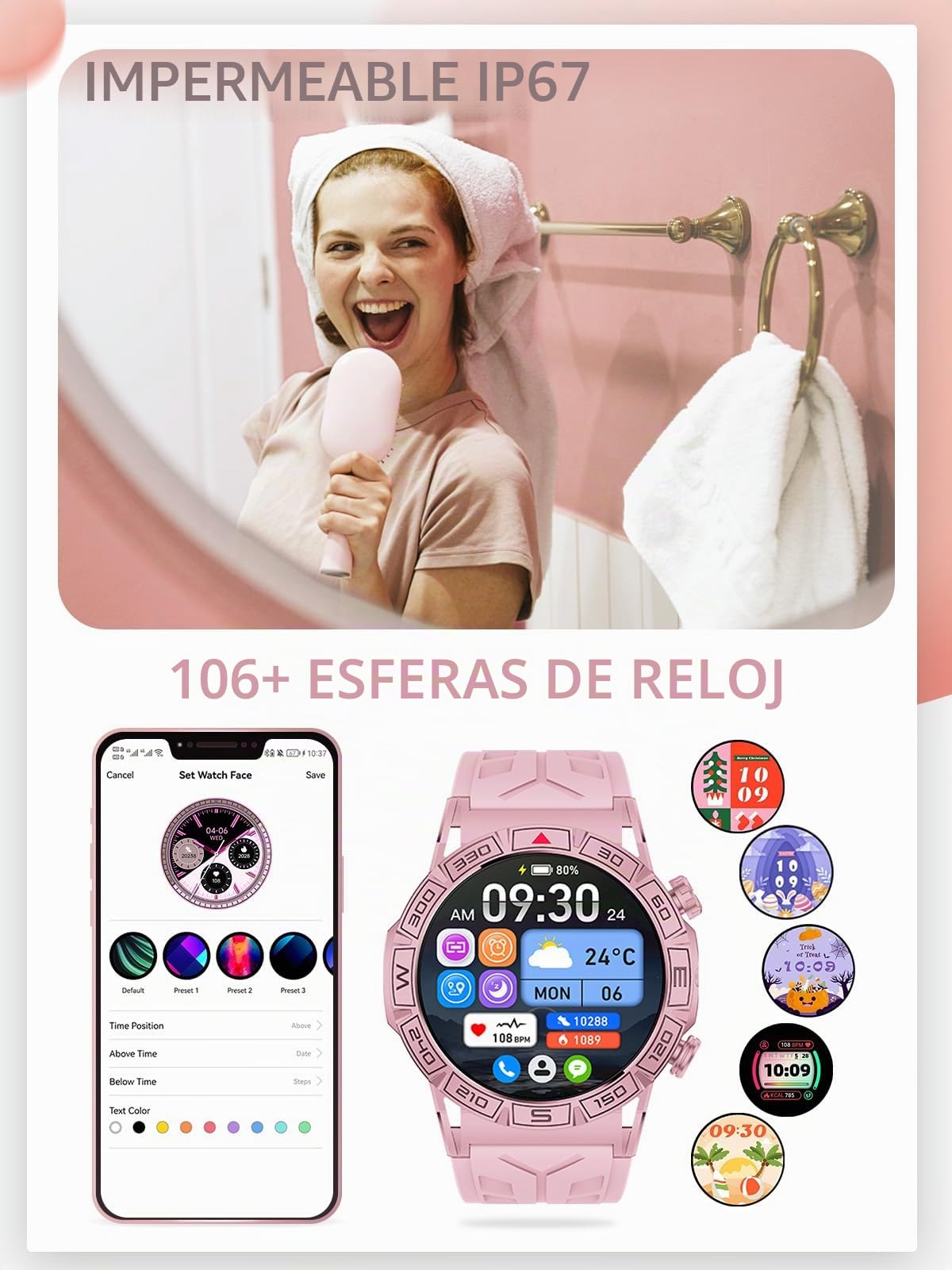 Smartwatch Hombre Mujer 1.43" HD Smartwatch con Llamadas Whatsapp, 1ATM Impermeable, 107+ Modos Deportivos, Seguimiento del sueño, cardíaco para Android iOS (KC80-Pink)