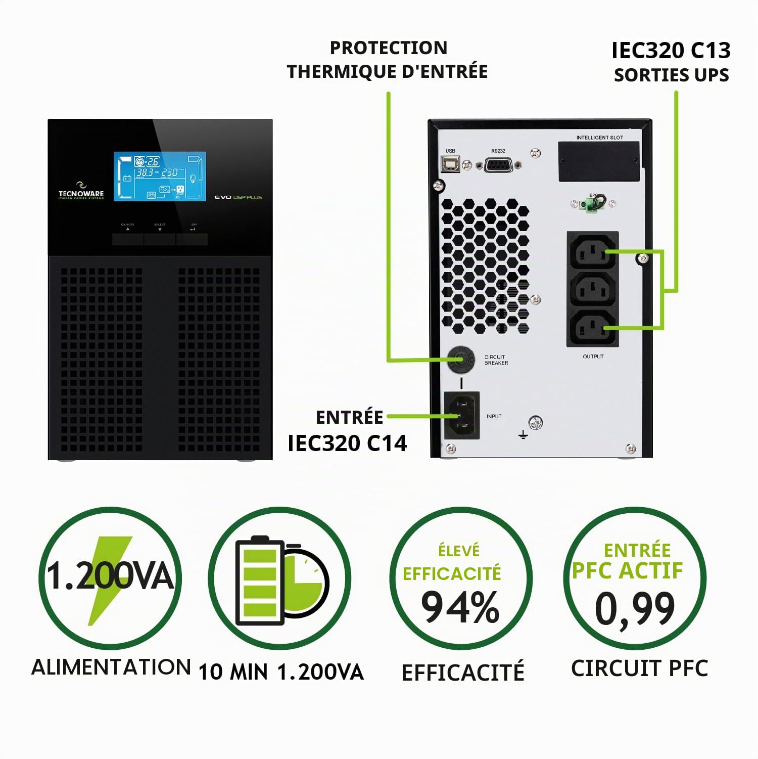Tecnoware Power Systems - Onduleur Evo DSP Plus, Technologie DSP on Line (VFI), Efficacité 94%, Protection Complète, Compatible Groupes Électrogènes, Ports USB/RS232, 1200 VA