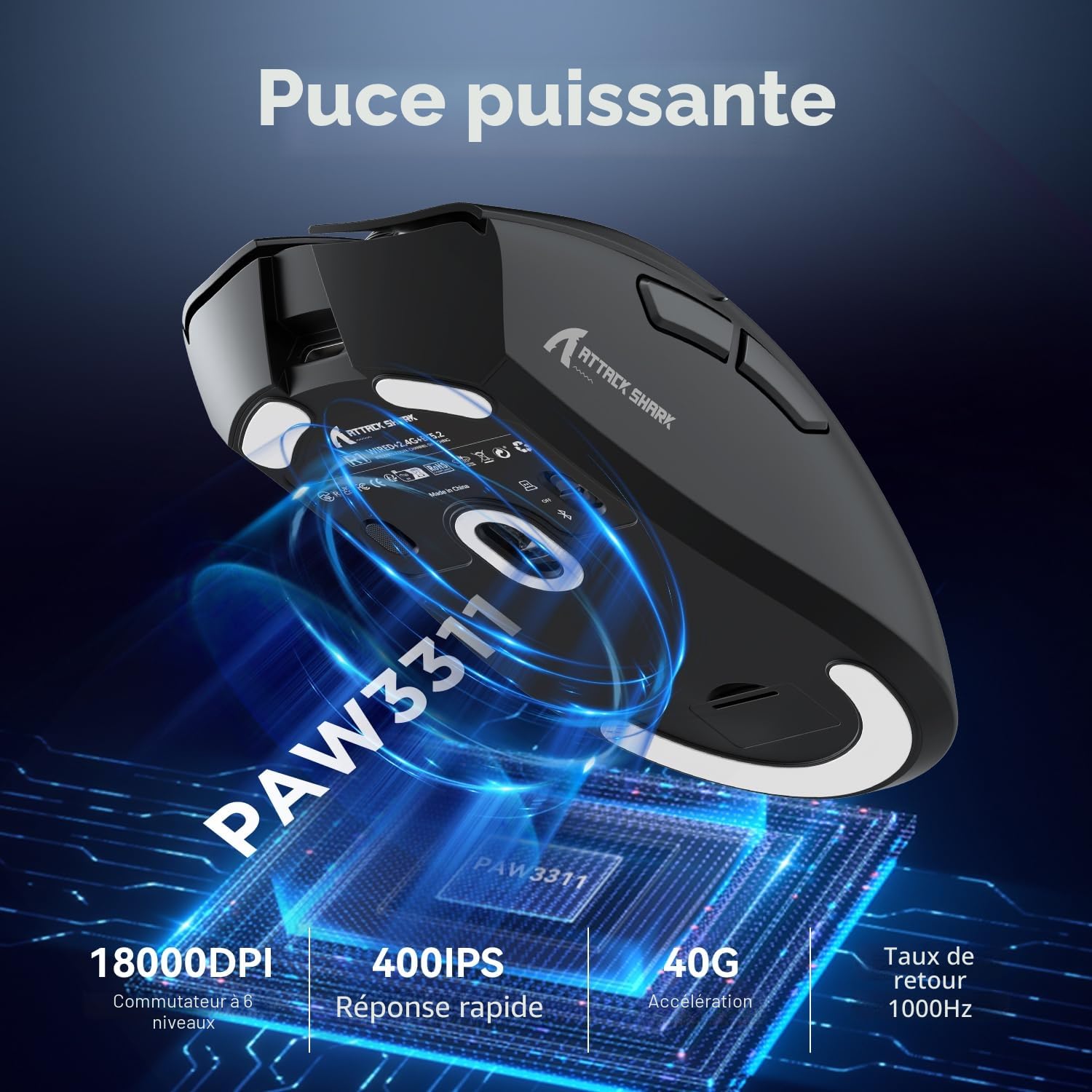 ATTACK SHARK R1 Souris Superlight 59 g, capteur de Jeu PixArt PAW3311, Souris de Jeu sans Fil/Filaire BT/2,4 G, 6 DPI réglables jusqu'à 18 000, Batterie de 65 Heures (Noir)