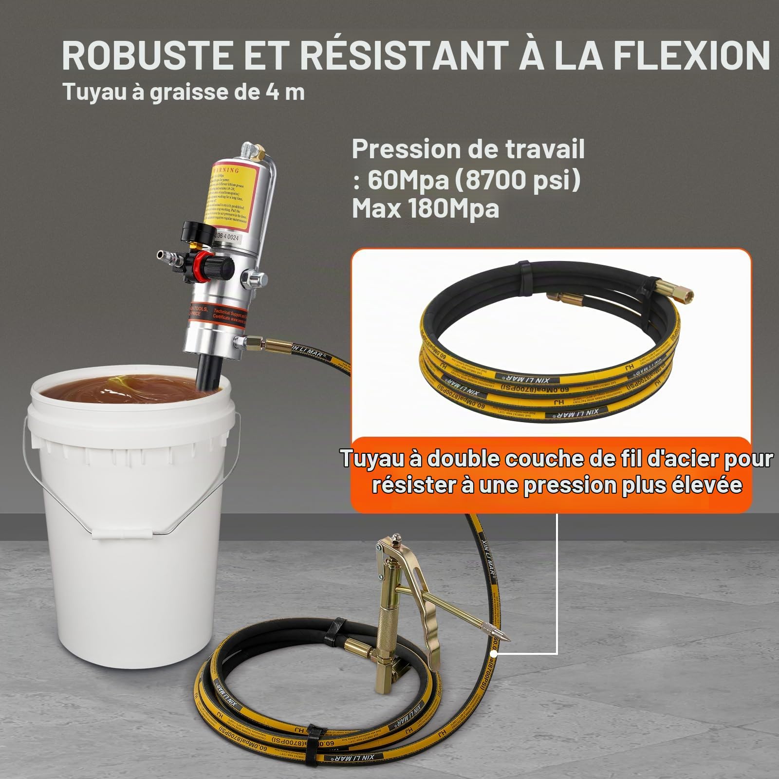 VEVOR Pompe à Graisse Pneumatique Rapport Pression 50:1 Pompe à Seau de Graisse Pneumatique avec Tuyau 4 m et Pistolet à Graisse Pompe à Graisse de Lubrification avec Tête de Pistolet à Graisse 360°