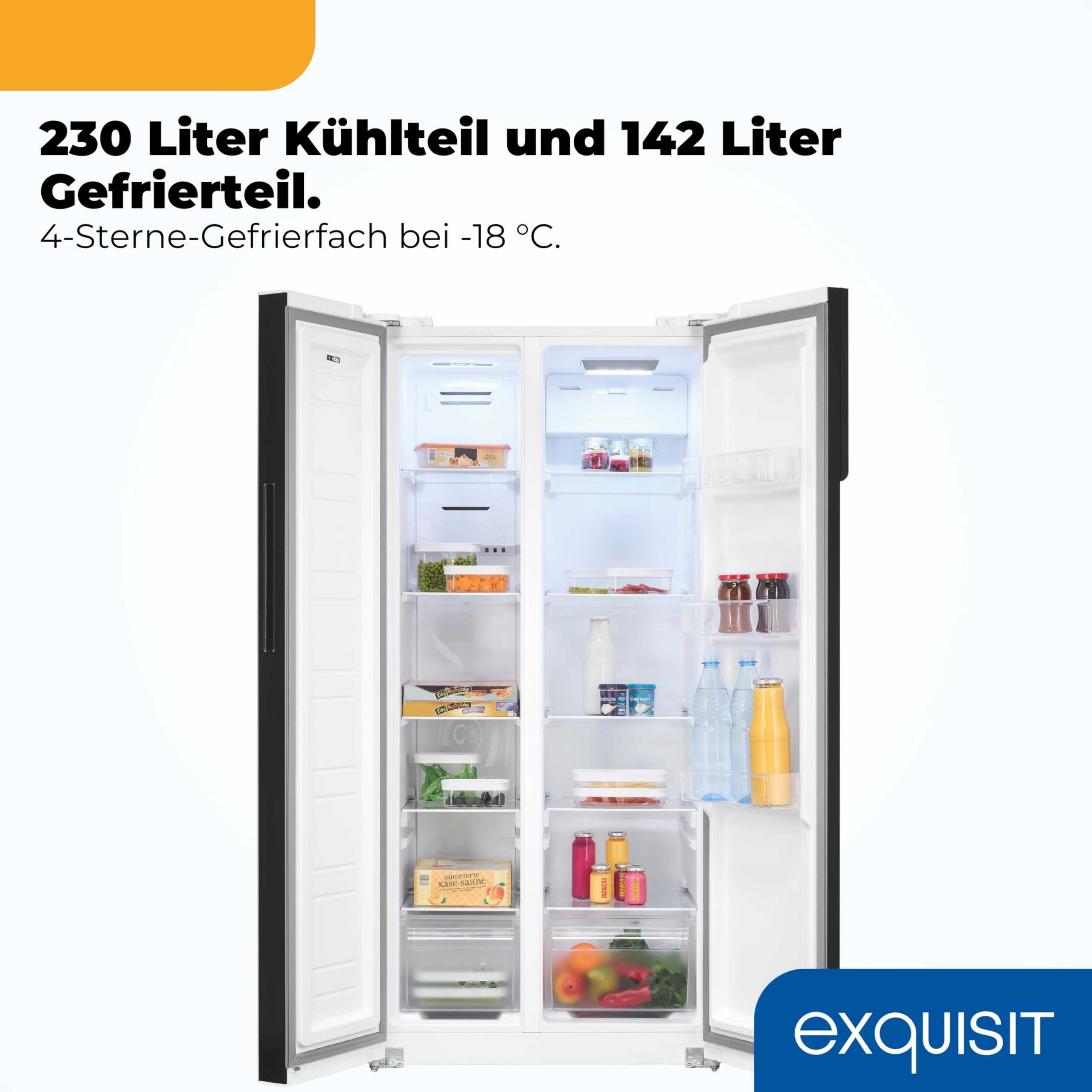 Exquisit Side-by-Side Kühlschrank SBS39-440E - No Frost Kühl-Gefrierkombi | 372 Liter Nutzinhalt, Energieklasse E, 41 dB leise, digitale Steuerung, LED-Licht & Türalarm, weiss