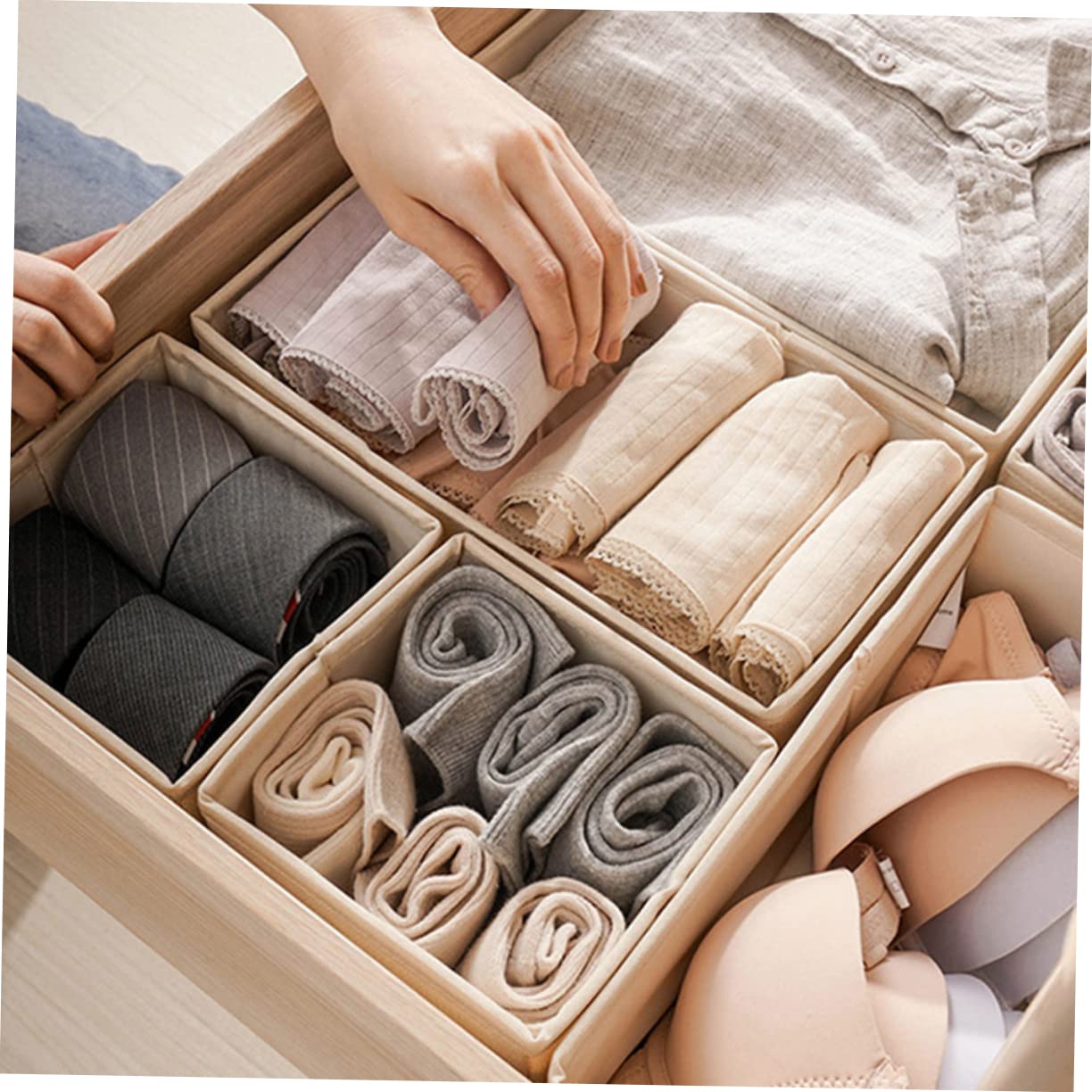 Scatole Organizer Beige Set 3 Pezzi per Biancheria Intima Divisori per Ordinare Calze e Mutande, per Cassetti e Armadi