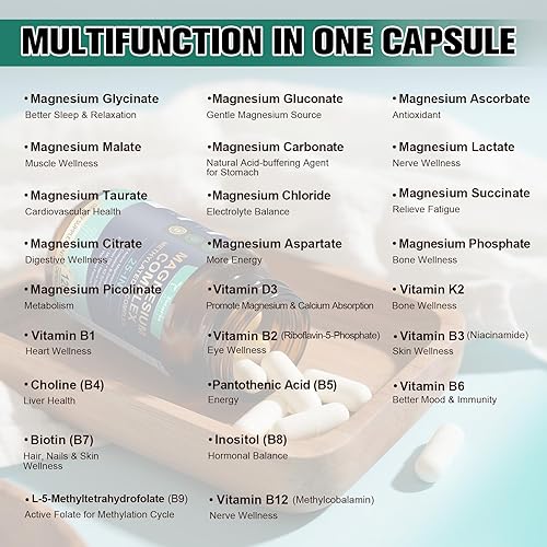 Miniatura 6 de Complejo de magnesio 25 en 1 con complejo B metilado, citrato de glicinato de magnesio, malato, taurato, gluconato, aspartato, carbonato D3 K2,