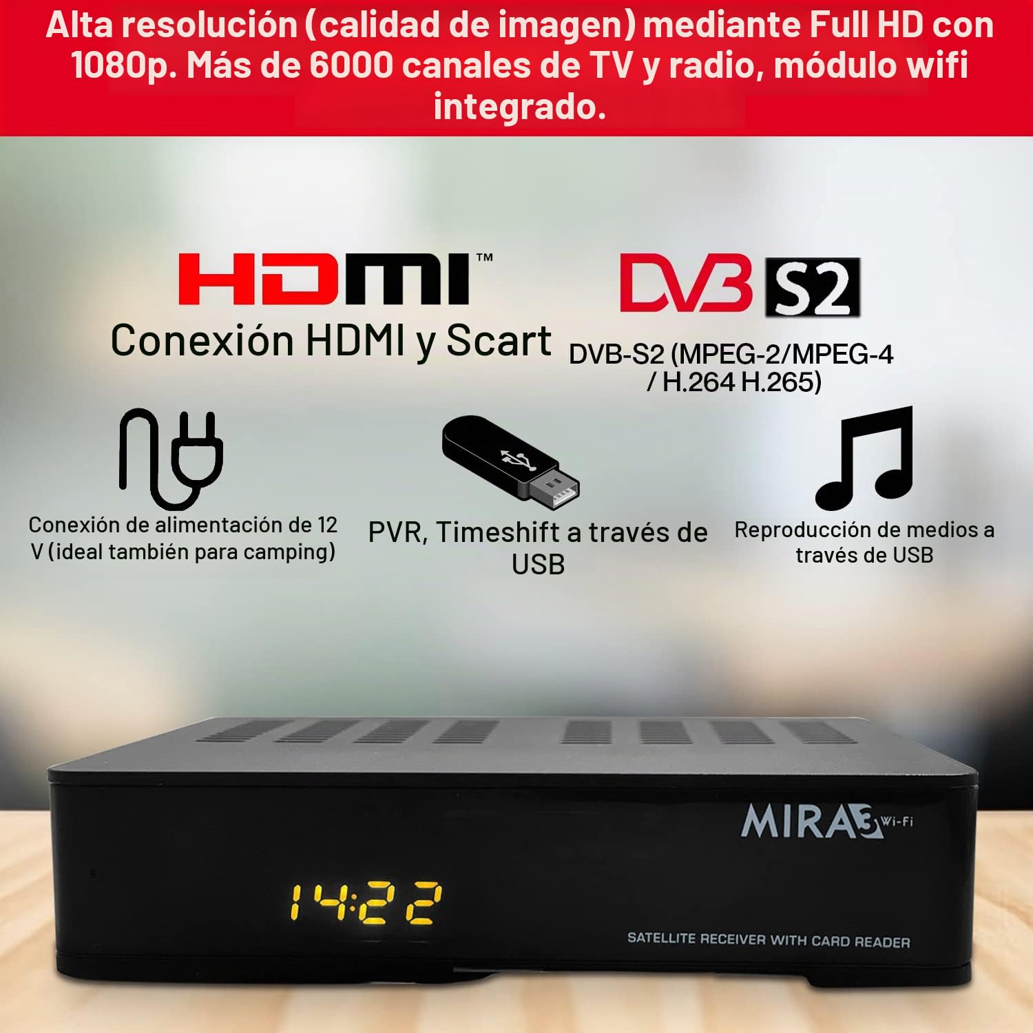 Amiko MIRA3 - Receptor de Satélite HD Con Función de Grabación, Ranura Para Tarjetas, Timeshift, HDMI, PVR, USB, WiFi, AAC-LC, SCART, Coaxial - Para Satélites