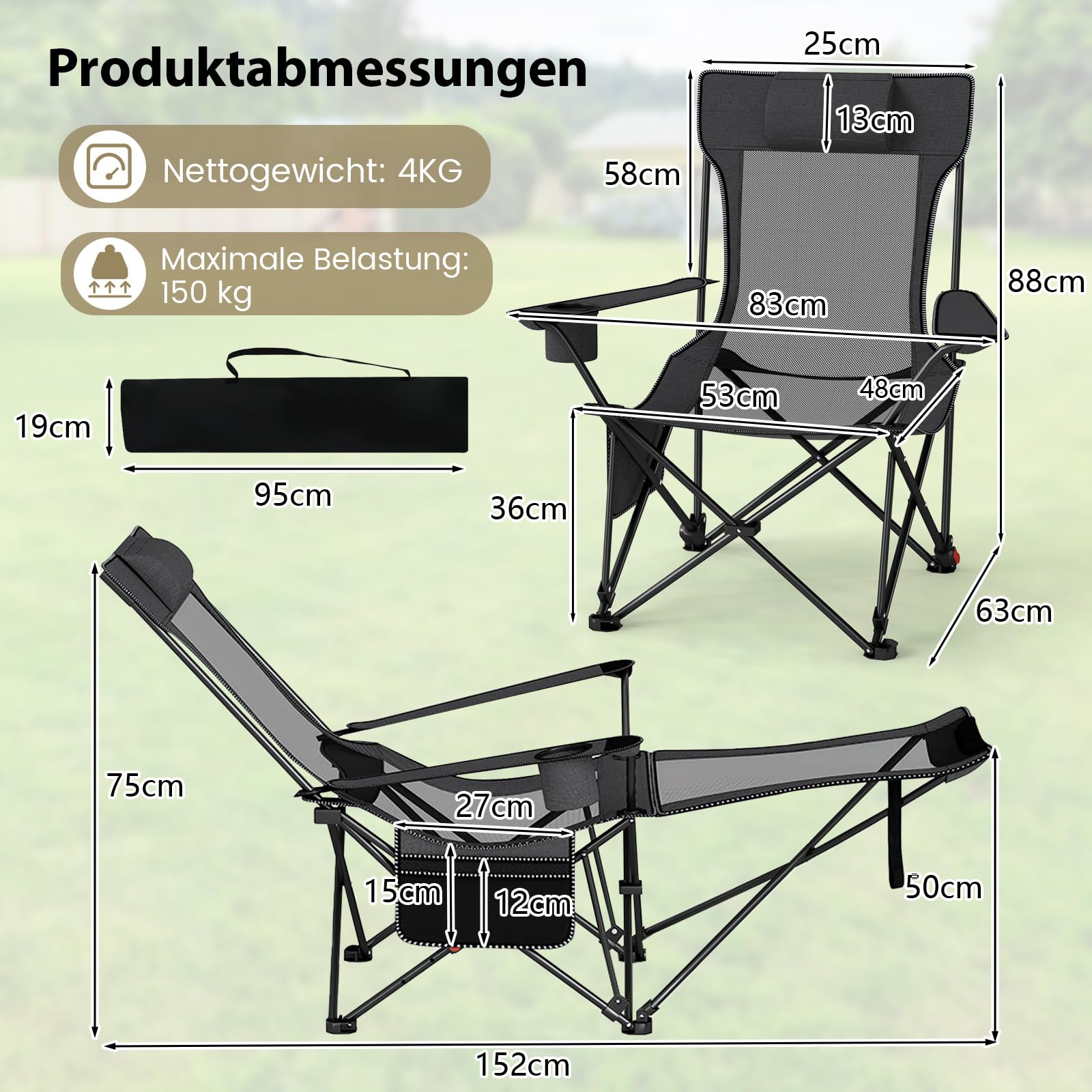 COSTWAY Campingstuhl mit Abnehmbarer Fußablage, klappbarer Angelstuhl mit Verstellbarer Rückenlehne, Kopfstütze, Getränkehalter & Seitentasche, Klappstuhl, Faltstuhl für Camping, Angeln (Grau)