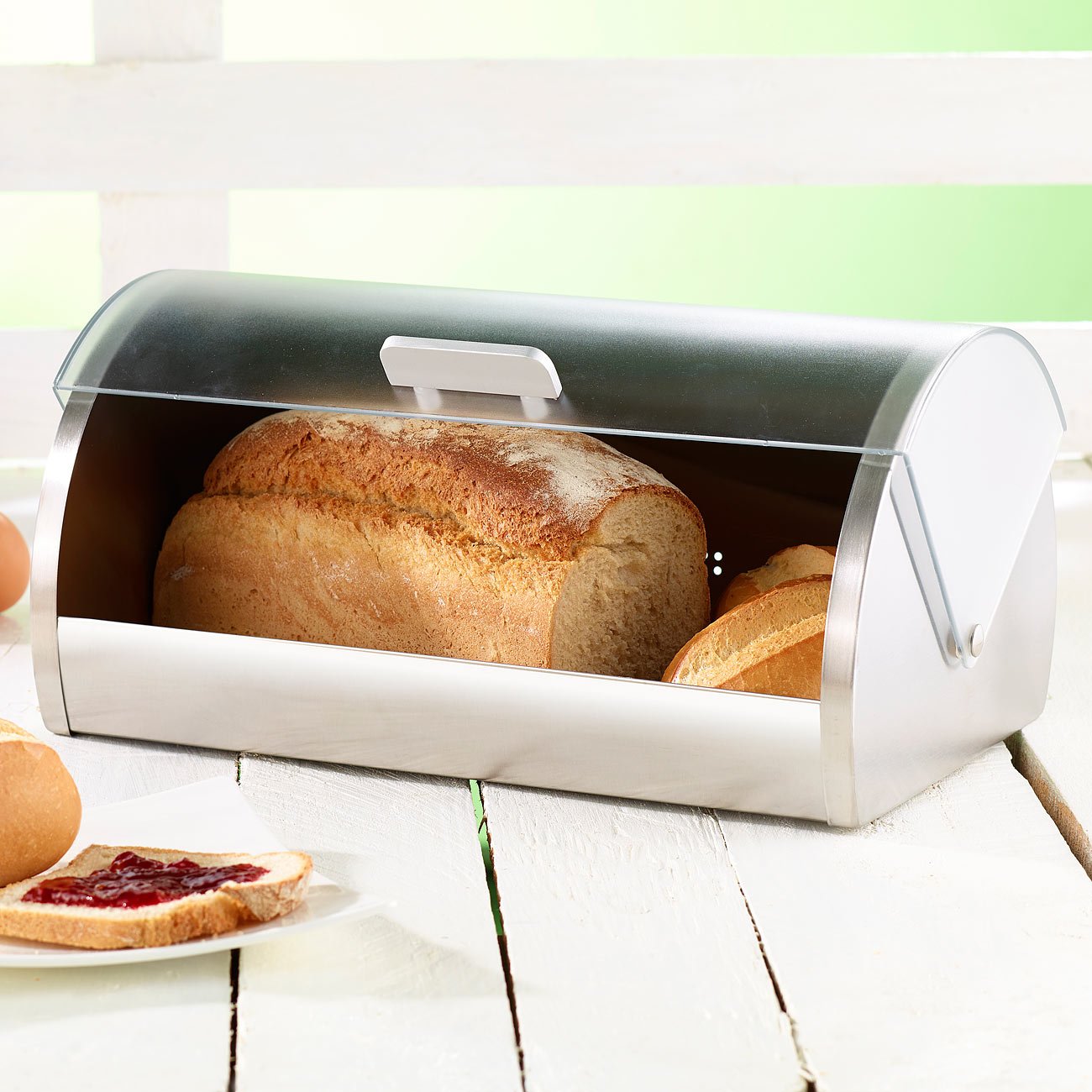 Rosenstein & Söhne Brotbox: Edler Brotkasten mit Visier-Deckel (Brotkorb mit Deckel, Brotbehälter, Schneidebrett)