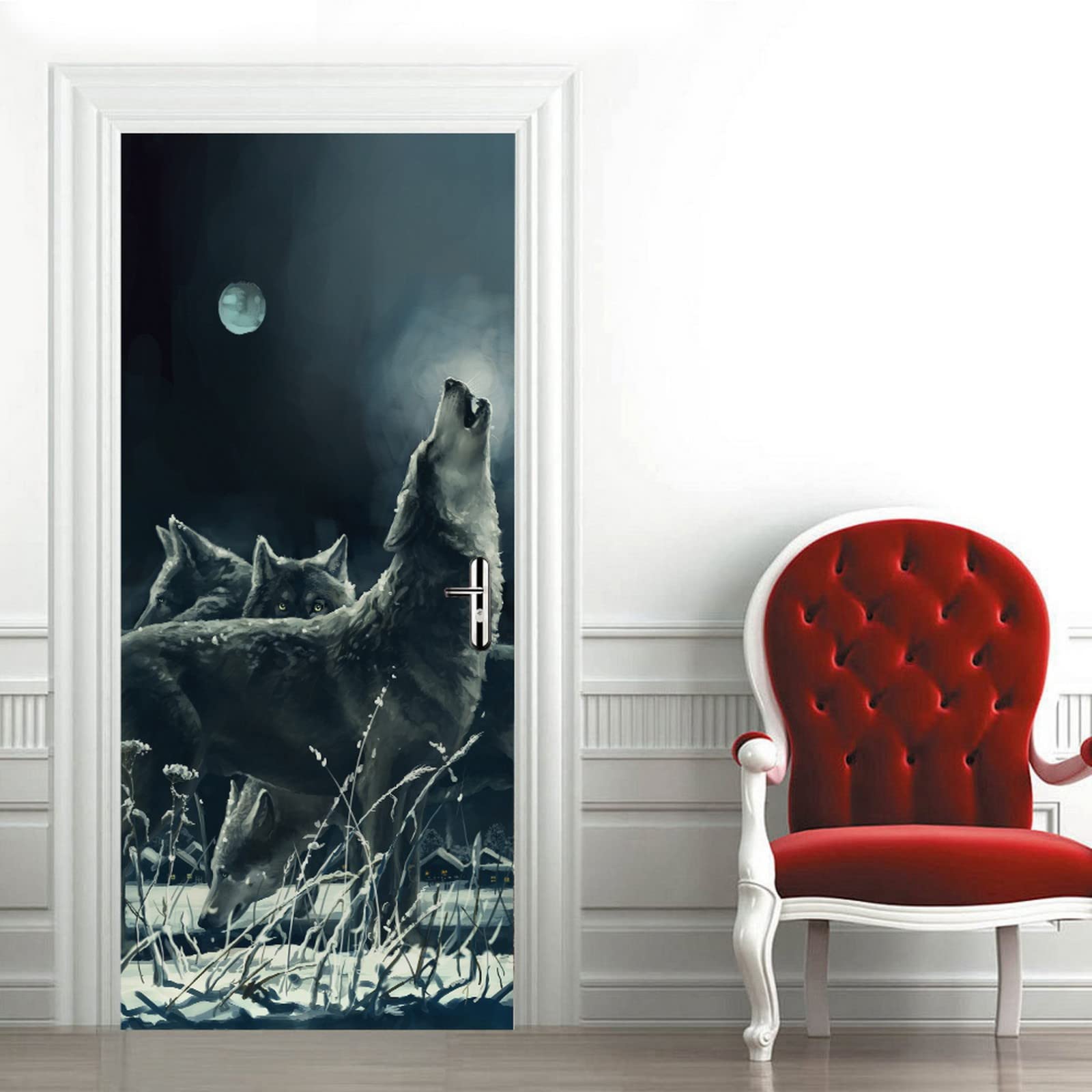 A.Monamour 3D Türtapete Wolf Mit Mond - Selbstklebend & Abziehbar