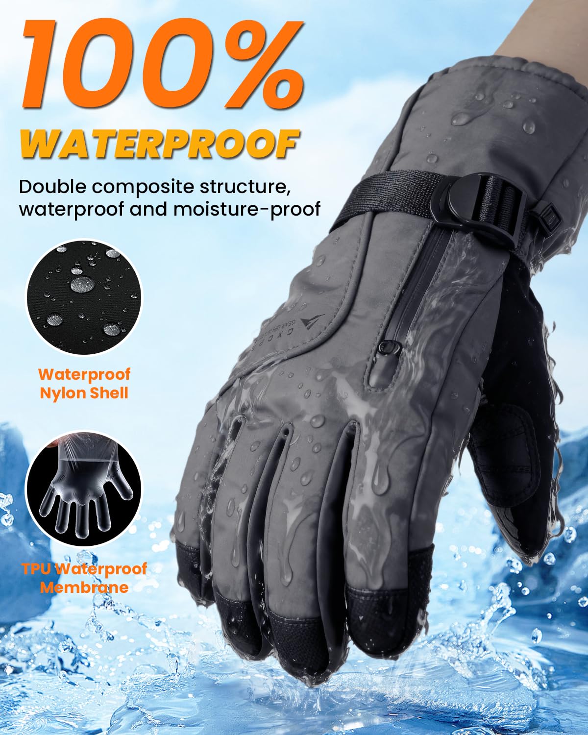 GXCROR Guanti invernali per uomo e donna, impermeabili, touchscreen, guanti da sci con Thinsulate 3M Thinsulate fino a 30 °C, antivento e freddi, per sci, ciclismo, campeggio