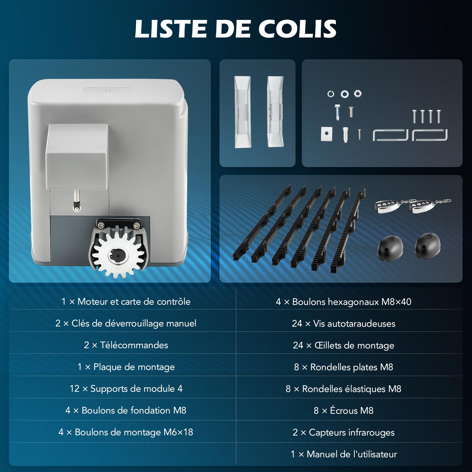 CO-Z Motorisation pour Portail Coulissant 280W - Automatisme Portail 600KG 12M avec 2 Télécommandes, 4m Crémaillères et Capteurs de Sécurité - IP44