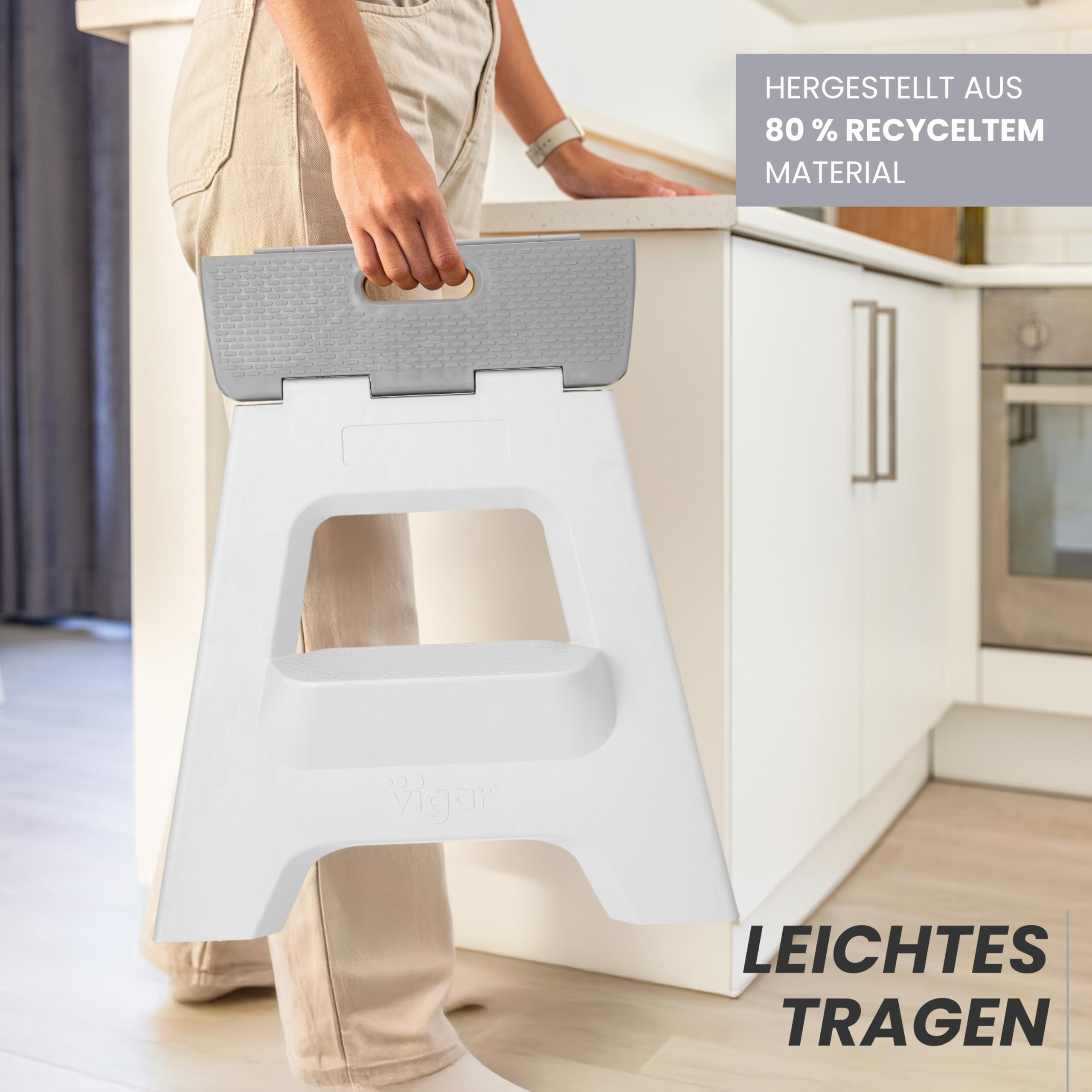 Vigar Kompakte Tritthocker Klappbar für Erwachsene, 40 cm, 2‑Schritt, Klapphocker Faltbar 150 kg rutschfest, Leicht, Hocker Klappbar für Zuhause, Bad, Schlafzimmer, Büro, Grau
