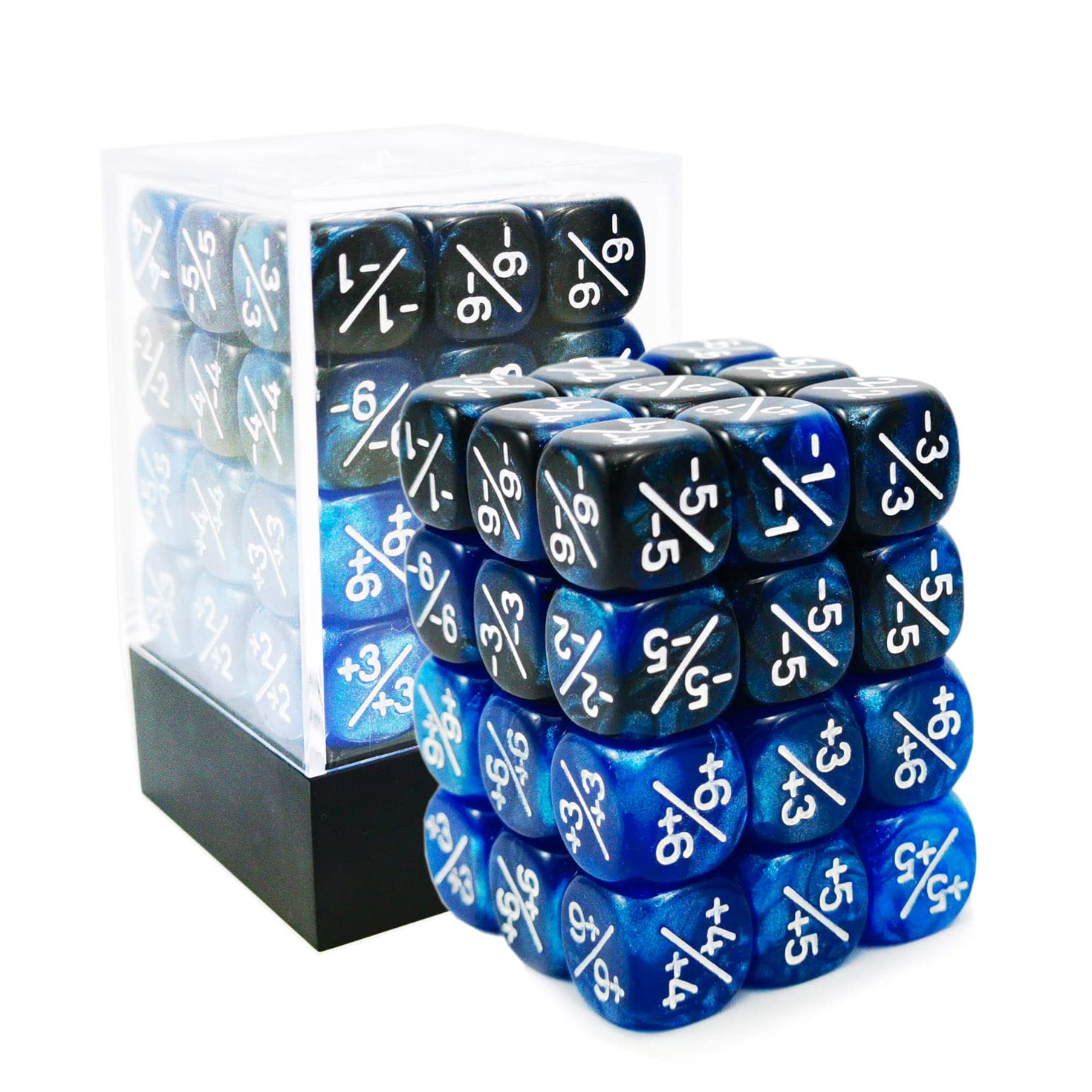 36pcs 12mm Positive and Negative Dice Counters Marble Blue+Gemini Blue&Black Set, Small Token Dice Loyalty Dice Compatible with MTG, CCG, Card Games
