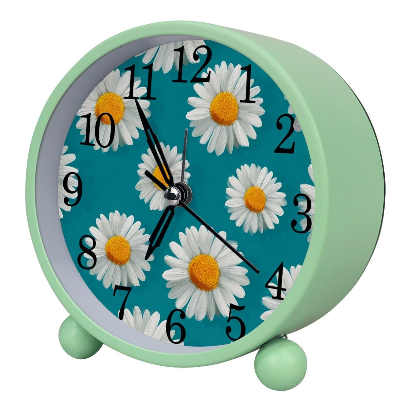etoenbrc Daisies Floral Round Battery Operated Bedside Alarm Clock Non-Ticking Desktop Silent Analog Alarm Clock with Light