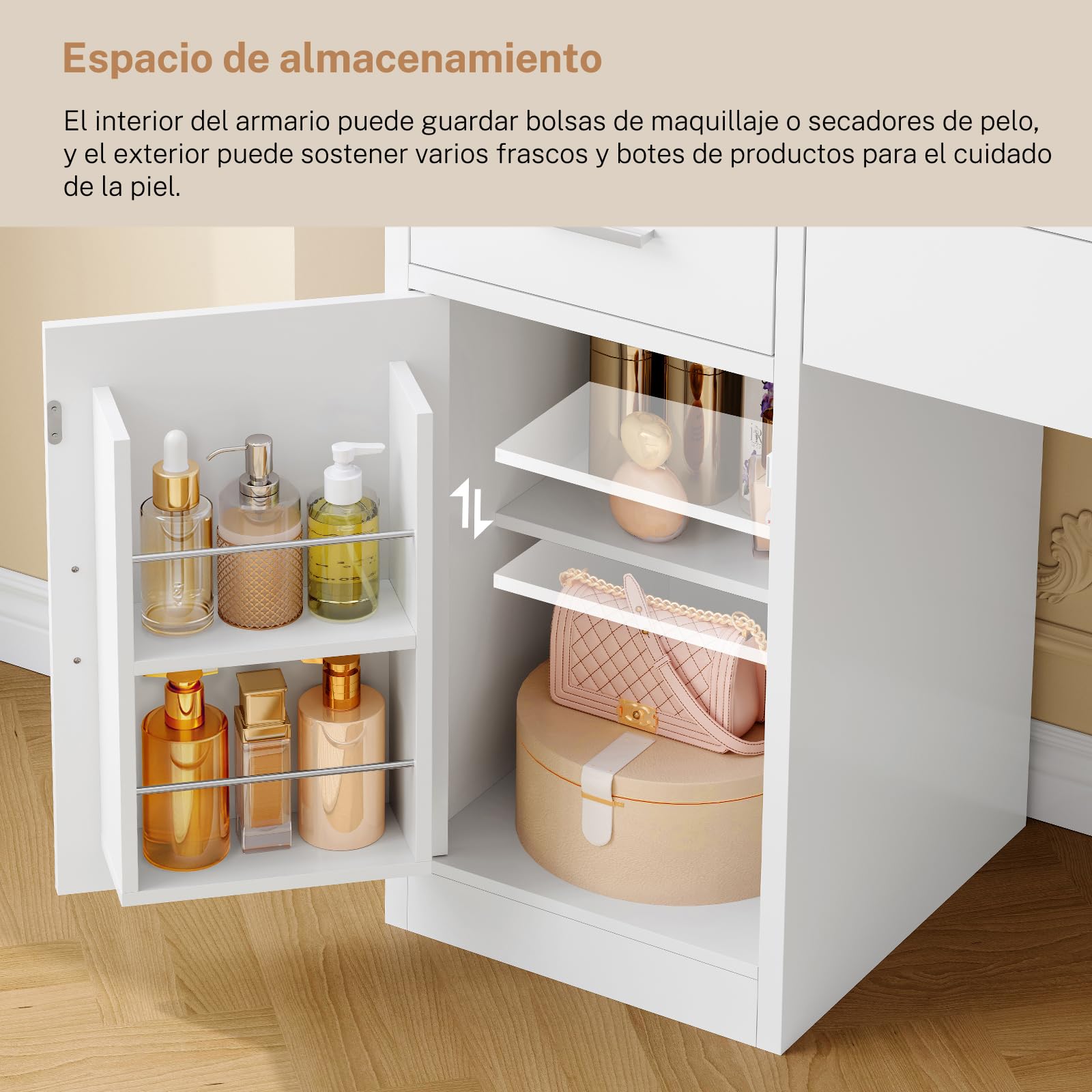 TEENFON Tocador de Maquillaje con Espejo LED y Luz RGB, Luminosidad Ajustable, 3 Cajones, 4 Puertas, 5 Ganchos para Joyas y Toma de Corriente, Moderno, Dormitorio, Blanco