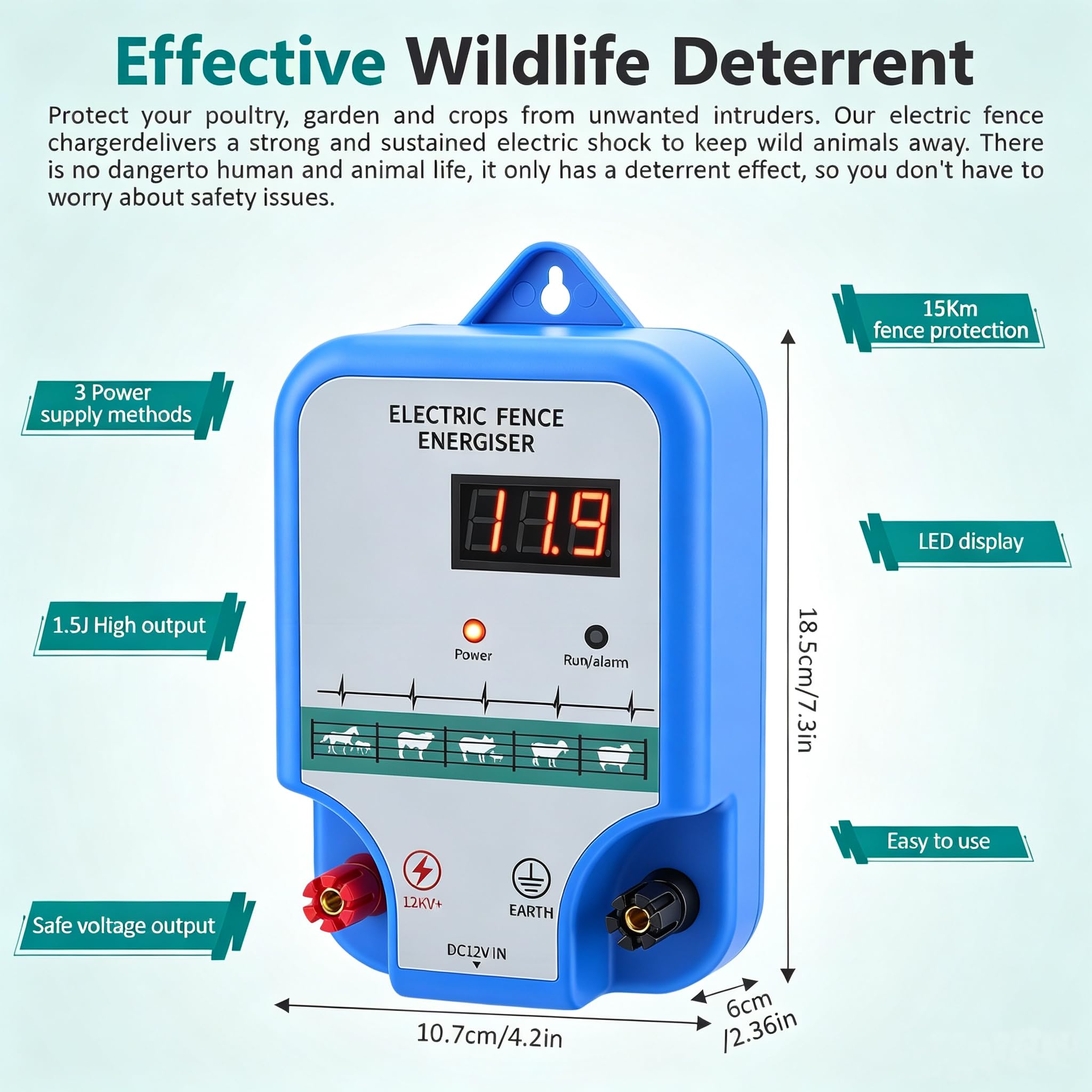 Elettrificatore per Recinto Elettrico 12KV 1.5J, Recinto Elettrico per Animali 15km con 3 Alimentazioni, AC230V Recinzione Elettrica per Animali Display LED Impermeabile per Cavalli Pecore Fattoria