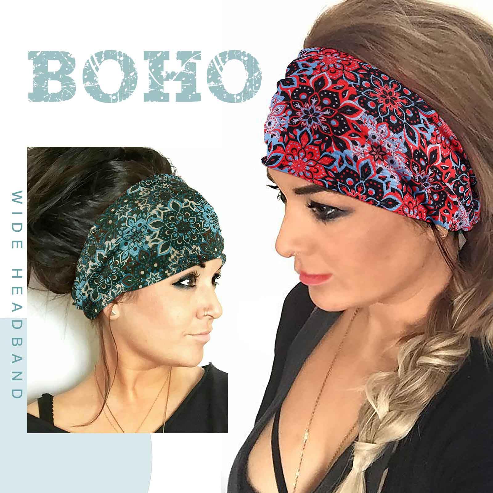 Acenail Breite Stirnbänder für Damen, Boho-Turban, geknotetes Stirnband, Blumenmuster, elastisch, rutschfest, für Workout, Yoga, Kopftuch, Bohemian-Stil, modisches Haarzubehör für Damen, 4 Stück
