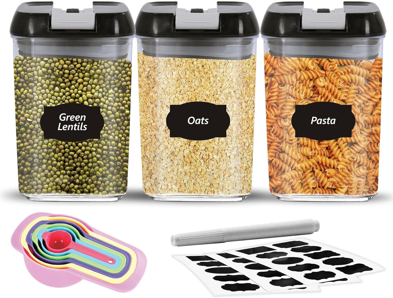 Vivaas Airtight Food Storage Containers Set Pk3 X Plastic Storage Jars With 1 Marker, 10 Labels, 6 Measuring Spoons Kitchen Pantry Organization For Flour, Cereals, Grains, Sugar, Nuts, Pasta 0.8L