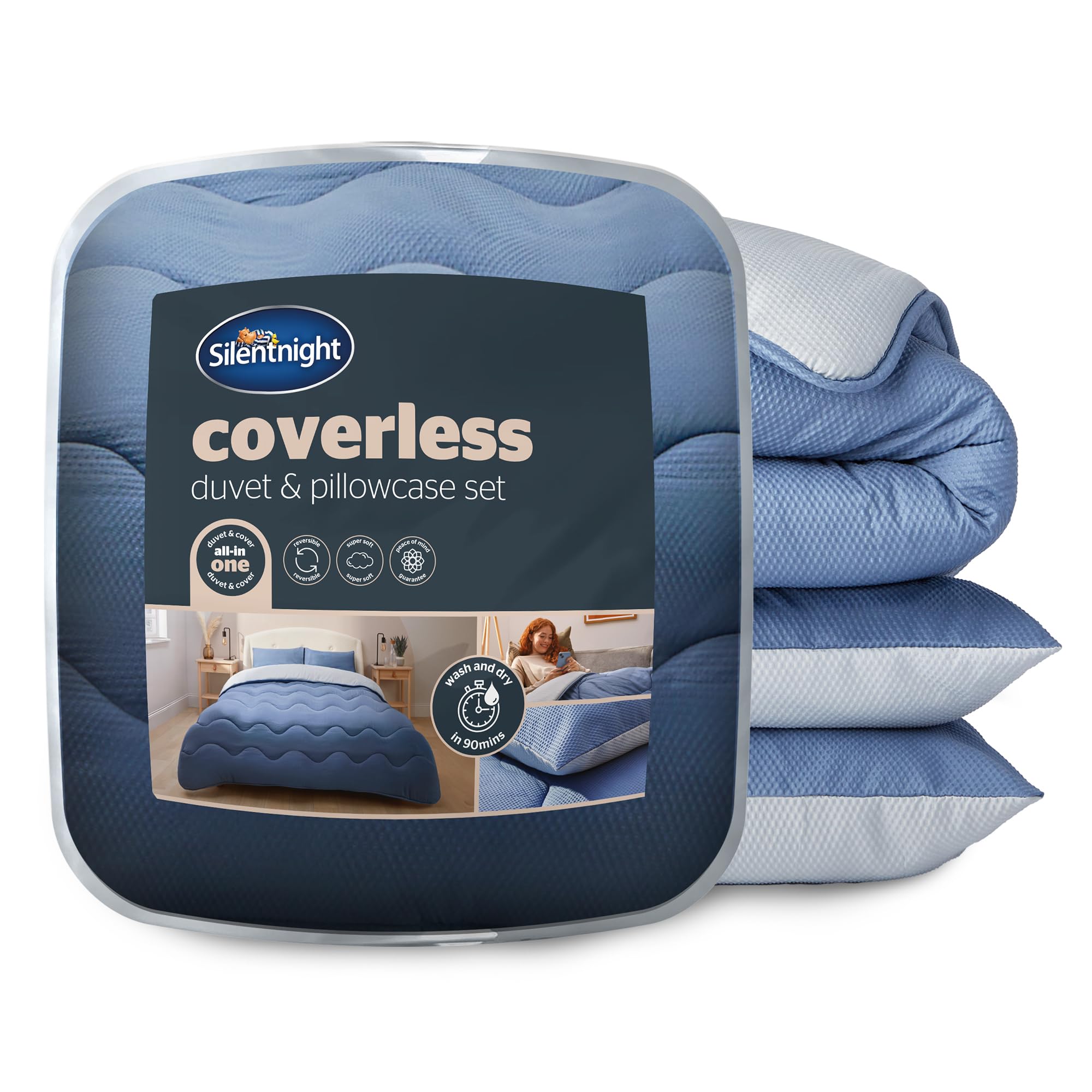 Silentnight Coverless Seersucker Duvet & Pillowcase Set - Soft Stylish 10.5 Tog Two Reversible Colours Bed Quilt - All Year Round Comfort No Cover Needed, Grey & Blue, Double — image 1