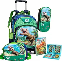 Kit Mochila Infantil Menino com Rodinhas Lancheira Termica Estojo Dinossauro Inclui Kit Escolar com 48 Peças 3D