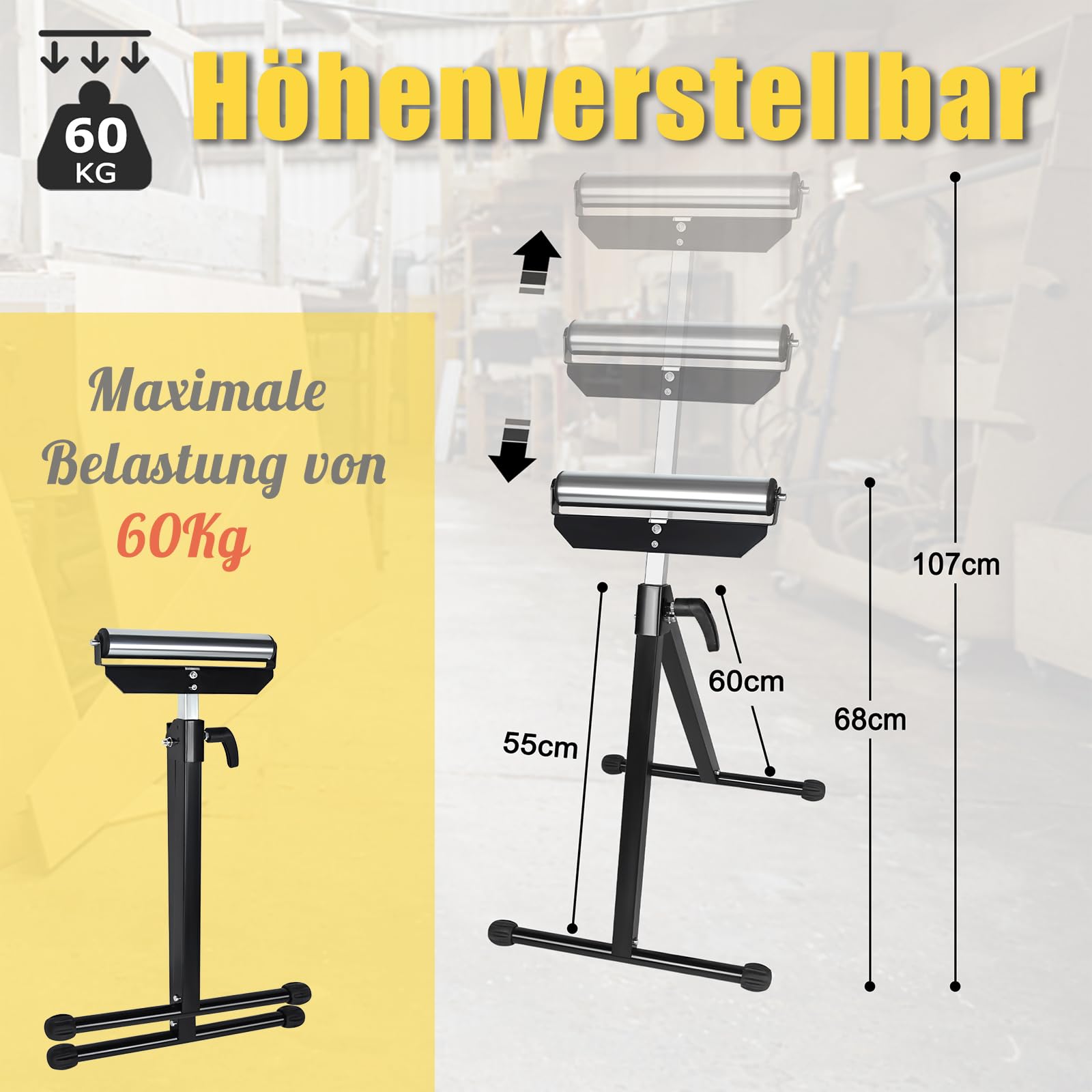 HENGMEI Cavalletto a rulli, regolabile in altezza, pieghevole con piedini antiscivolo, 68-107 cm, fino a 120 kg, 2 pezzi