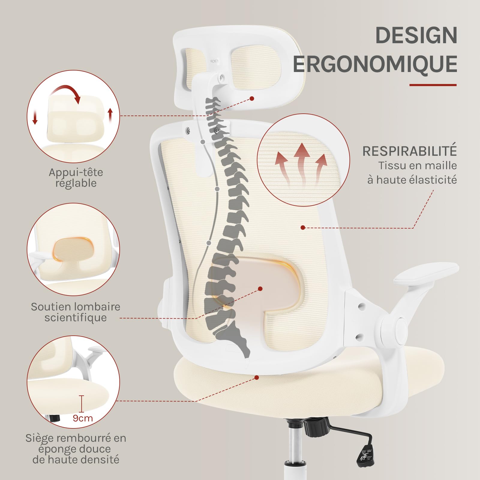 WOLTU Chaise de Bureau Ergonomique, Fauteuil de Bureau en Maille, Beige | Appui-tête et Accoudoirs Réglables, avec Support Lombaire, Dossier Inclinable