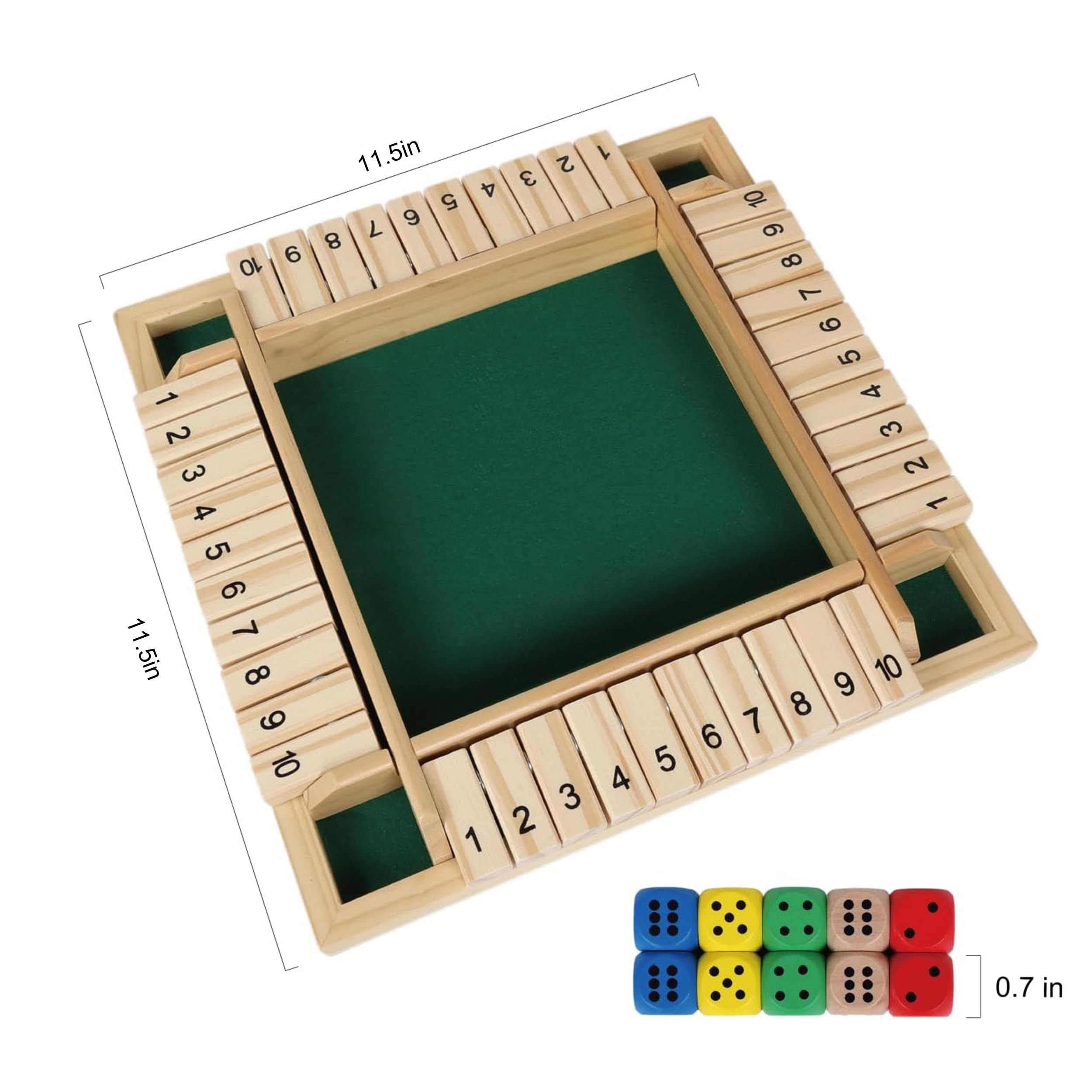 GOTHINK Shut The Box Dice Game with 8pcs Dices 12 inch Traditional Wooden Table Math Board Game 10 Numbers for Kids Adults Family Classroom Home or Pub Bar 1-4 Players - Image 2