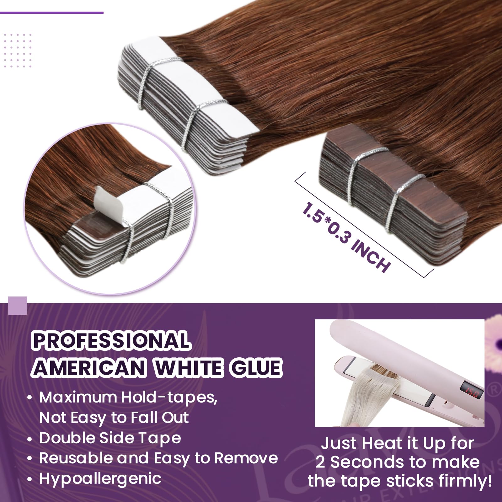 LaaVoo Tape in Hair Extensions Human Hair 50g Tape Hair Extensions Real Human Hair Invisible Tapes Remy Straight Red Brown Hair Double Sided Tabs 20pcs 14 Inch #33 - Image 3