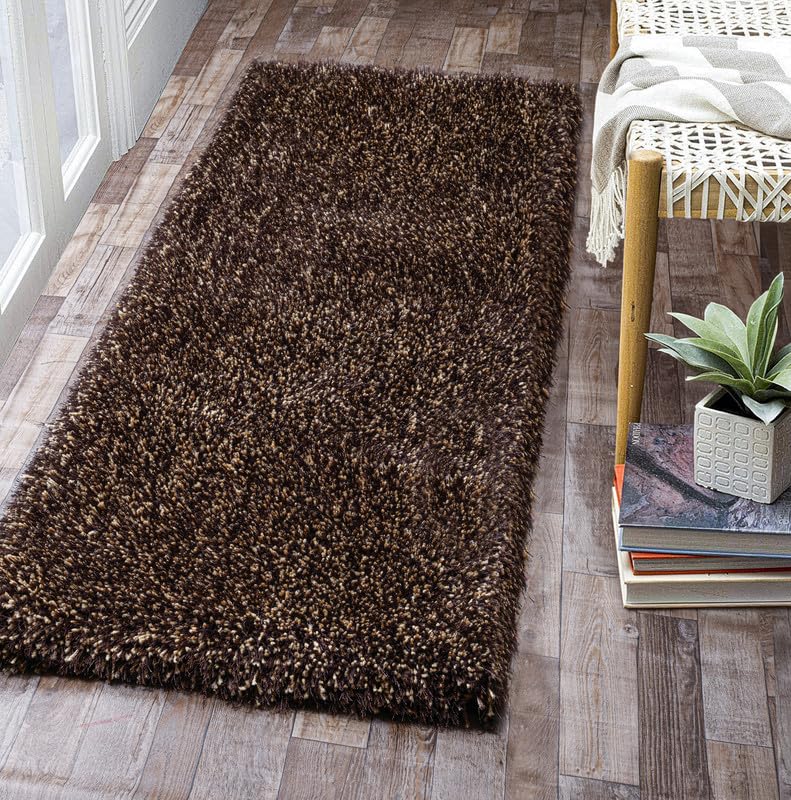Image of FIASCO Premium Tie Dye Shaggy Carpet Bedside Runner | 2 Inch Pile Height Back in Canvas for Bedroom, Kids Room, Guest Room Microfiber Soft Plush Fluffy Shaggy Carpet | 2x6 Feet Brown Gold Mix