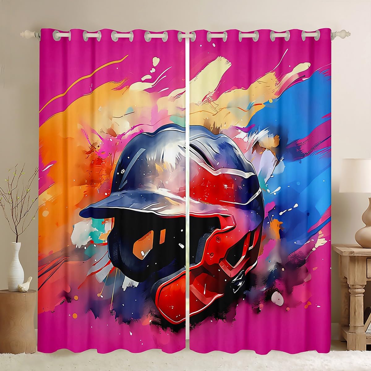 Homemissing Baseball Curtains (2 Panels,W46*L72) For Bedroom Kids Boys Teens Baseball Gaming Window Curtains Sports Game Blackout Curtains Baseball Helmet Window Treatments โ image 1