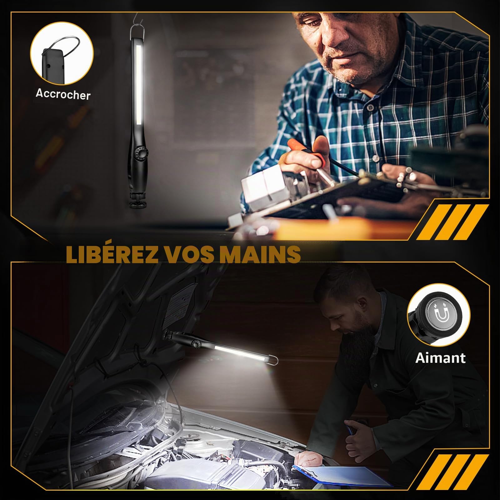 highsam Baladeuse Led Mecanicien, Lampe de Travail Rechargeable, COB Lampe Atelier Dimmable, Lampe de Poche LED pour Voiture, Garage, Camping (3 Pièces)