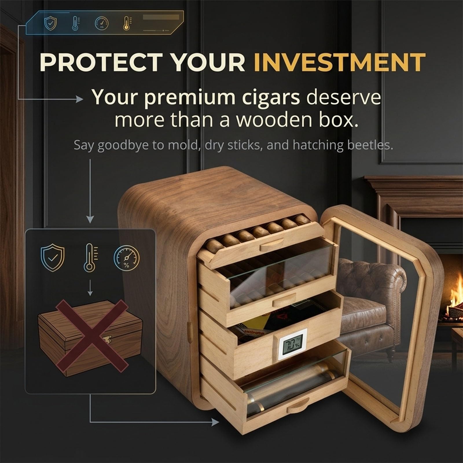 Elektrischer Zigarren Humidor mit Digitalem Display, Kleiner Schrankhumidor für 110 Zigarren, Luxus Zigarrenbox aus Zedernholz mit Bidirektionaler Feuchtigkeitsregulierung(Brown,with Window)