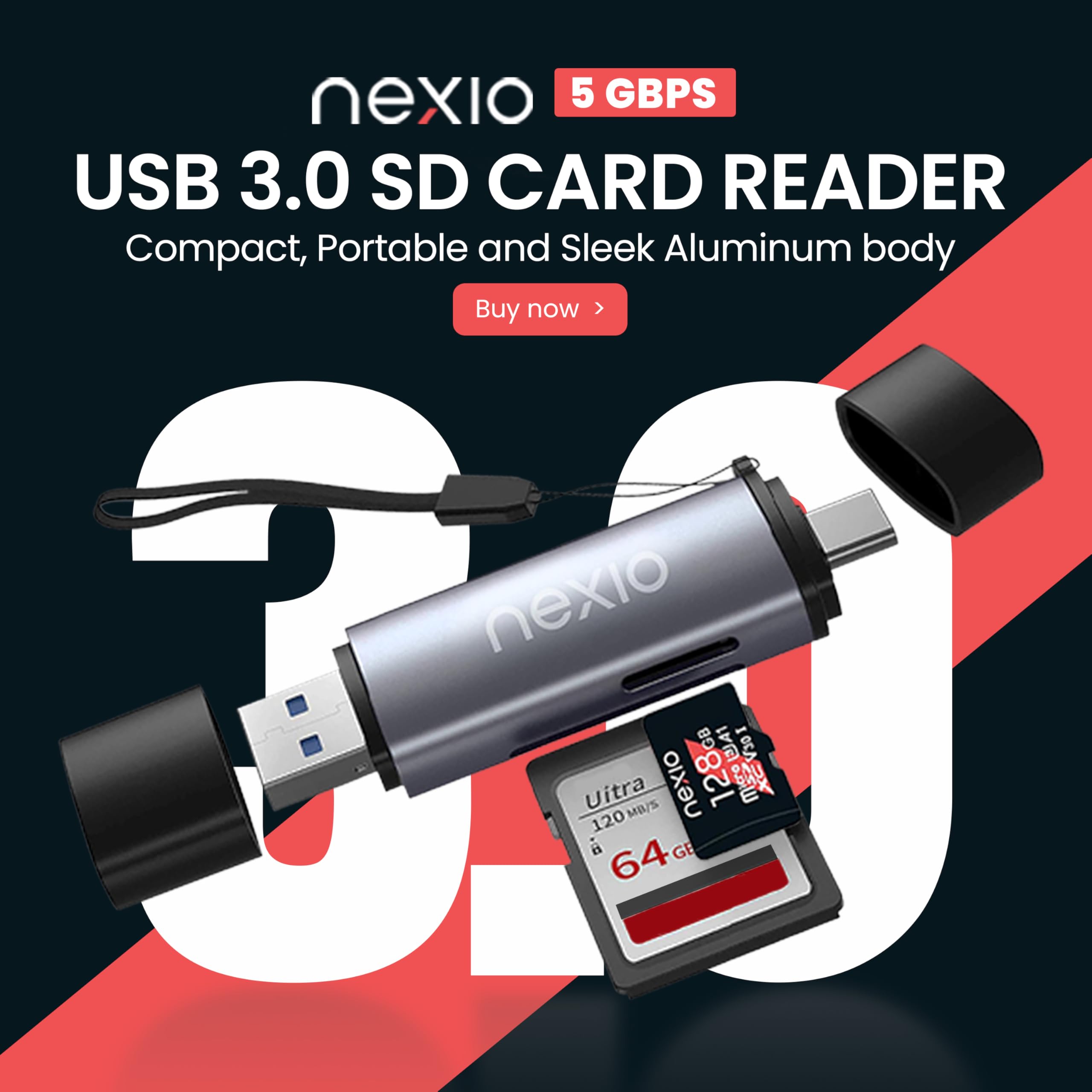 NEXIO USB 3.0 SD Card Reader, Dual Slots, 5 Gbps, Compatible with Apple & Windows, Supports microSDXC, microSD, SDXC, SDHC, SD Card, 64 GB Capacity