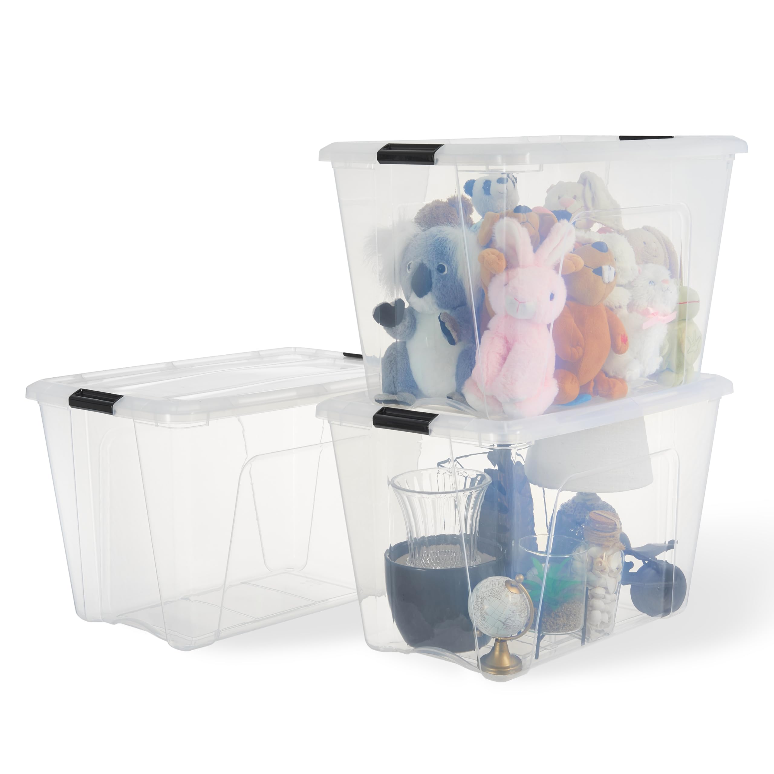 Iris Ohyama, Plastic Storage Box with Lid, 55L, Pack of 3, Transparent, 98% Recycled Plastic, Closure Clips, Handle, Stackable, for Bedroom, Dressing, Office, BPA Free, BSB-55