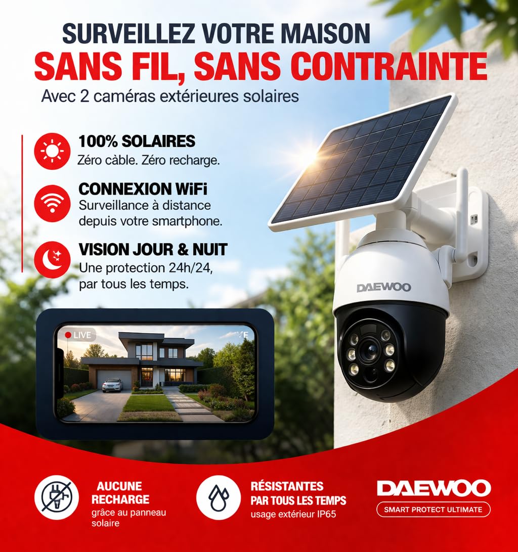 Daewoo Security Pack Alarme Maison sans Fil AM505L – Centrale Touch XL Wi-FI & GSM, 3 Caméras HD 1080p, 8 Détecteurs d'Ouverture, 5 Détecteurs de Mouvement, Sirène Solaire, App Daewoo Home Connect