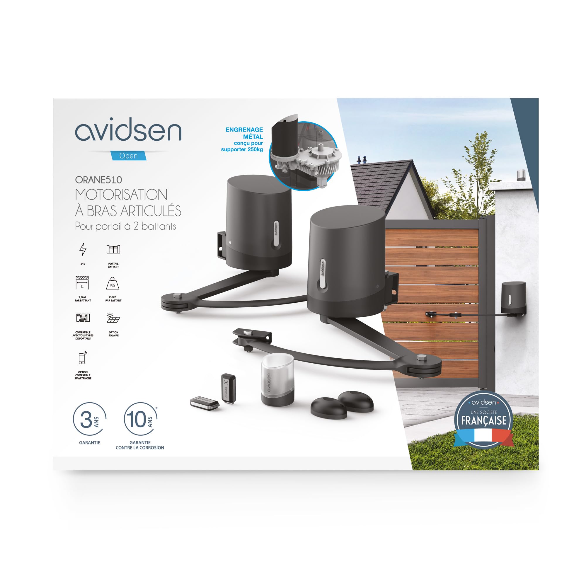 Avidsen Orane 510 Kit Motorisation Portail Battant 5m 500kg + Batterie | Bras articulés, 2.5 m par vantail, 250 kg par battant, 4 télécommandes, secours 24V, 3 ans garantie