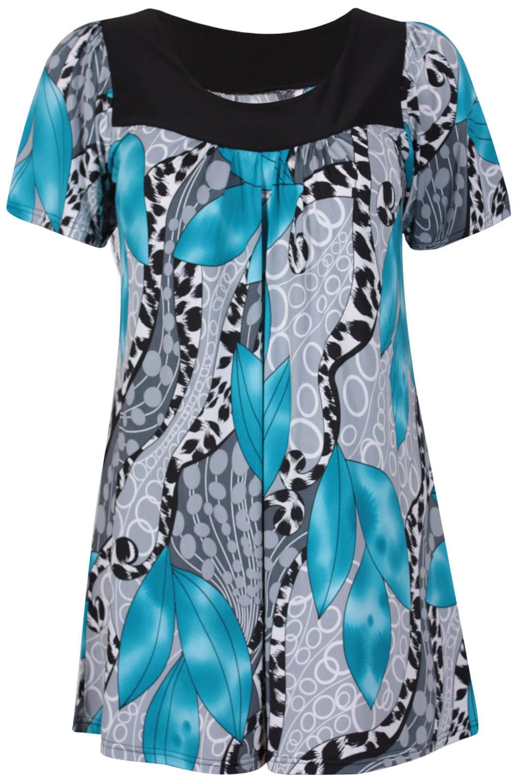 Wearall Women's Turquoise Floral Print Short Sleeves Stretch Round Scoop Neckline Long Smock Tunic T-Shirt Top Plus Size 14