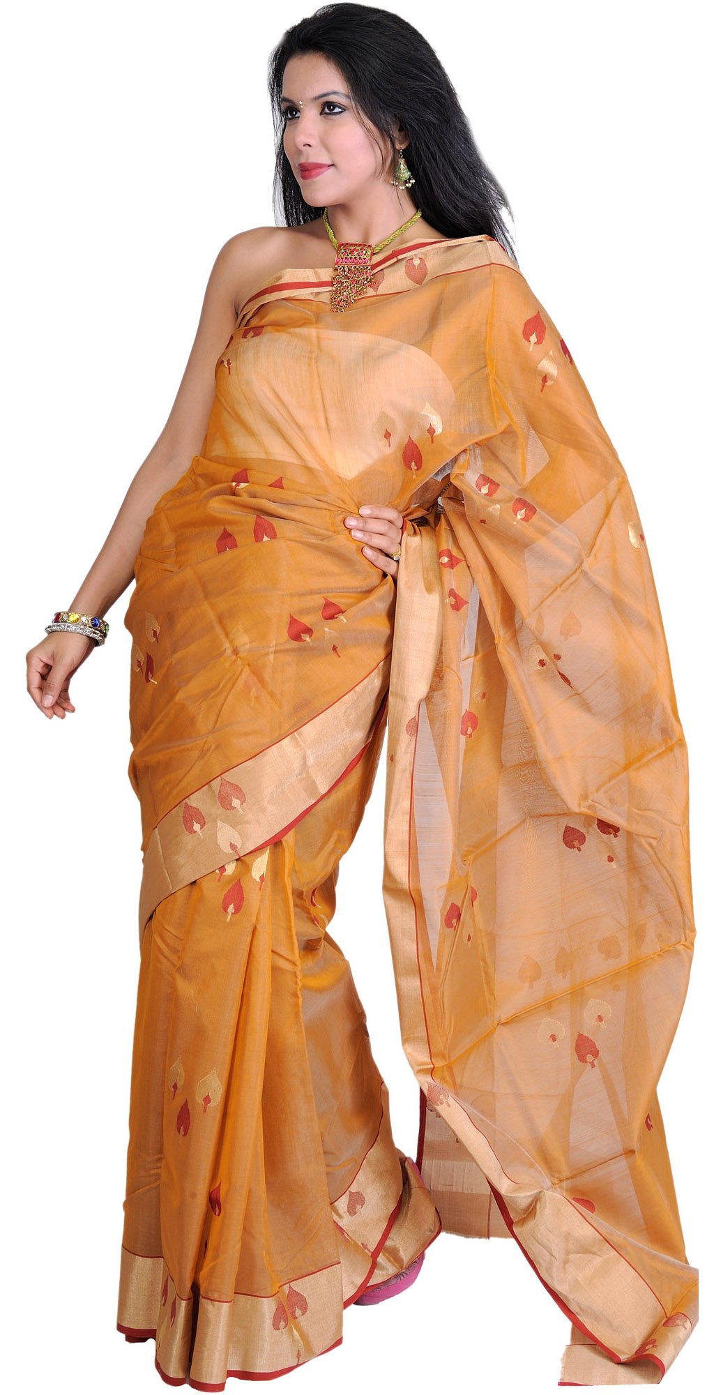 Exotic IndiaNugget-Colored Handloom Chanderi Sari With Woven Paan and G - Brown