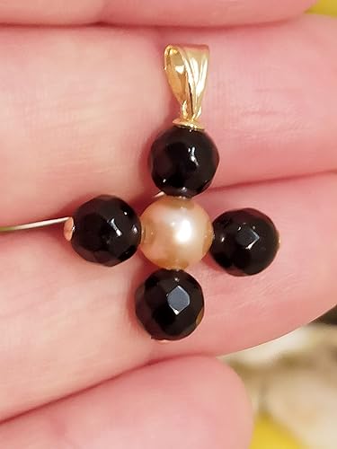 Miniatura 3 de Modern Teenager Birthday Cross pendant for girl HANDMADE Designer 18k Gift for Teen Akoya Natural Pearl ONYX ONEOFAKIND Christian Crucifix SOLID