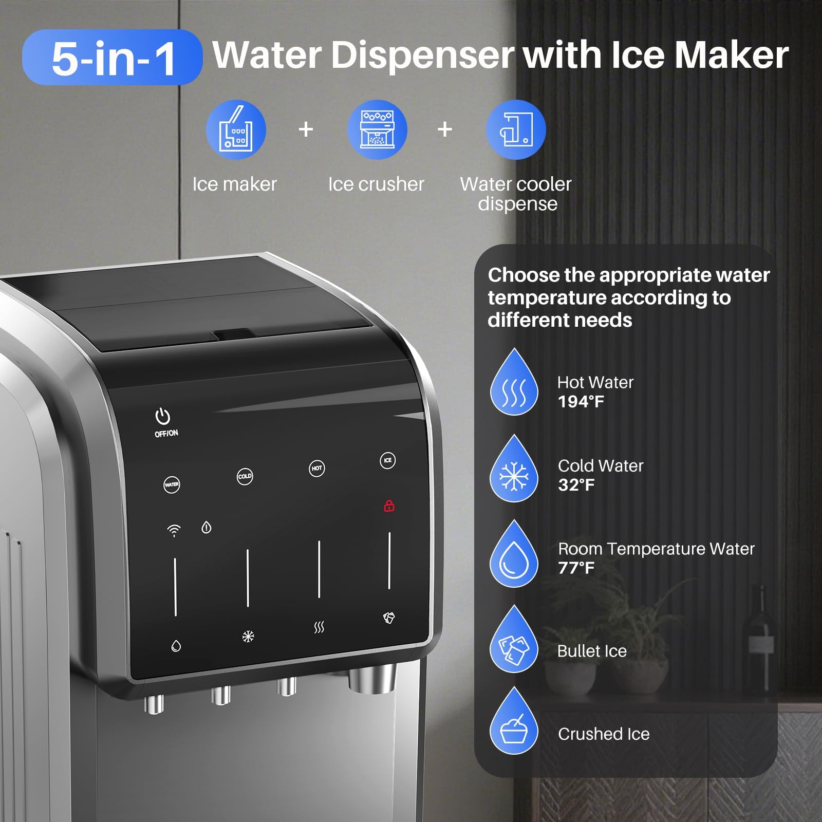 FrigiLife 5-in-1 Water Cooler Dispenser with Ice Maker, Bullet and Crushed/Chewable Ice Machine, Hot and Cold Water, Bottom Load for 5 Gallon Bottle, 35lbs/24H, WiFi, Child Lock, Stainless Steel on Fridge.com