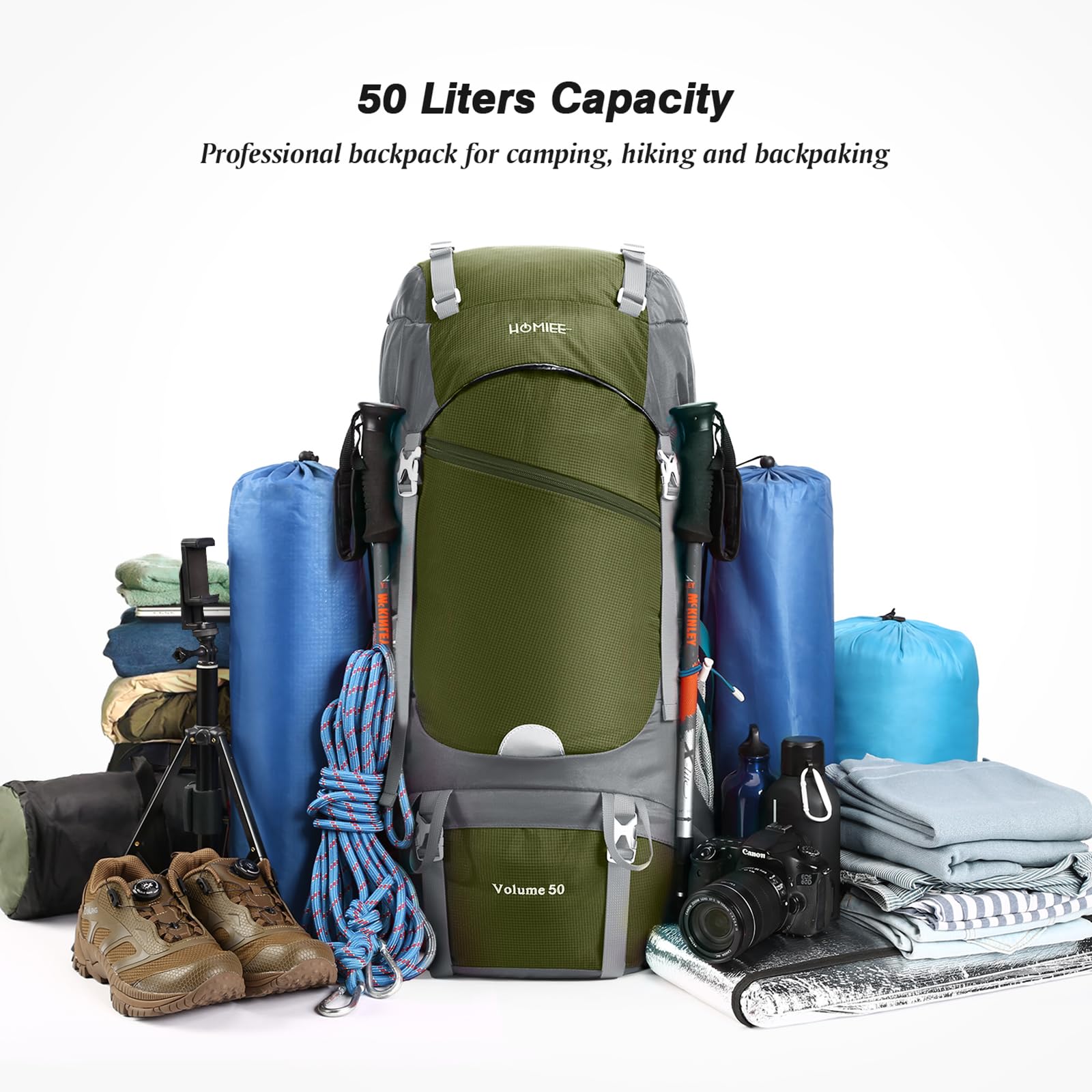 HOMIEE Zaino da Trekking 50L 60L Zaini da Escursionismo Zainetto Leggero Zaino Viaggi di Campeggio Montagna con parapioggia Zaino per Alpinismo Impermeabile Daypack da Arrampicata